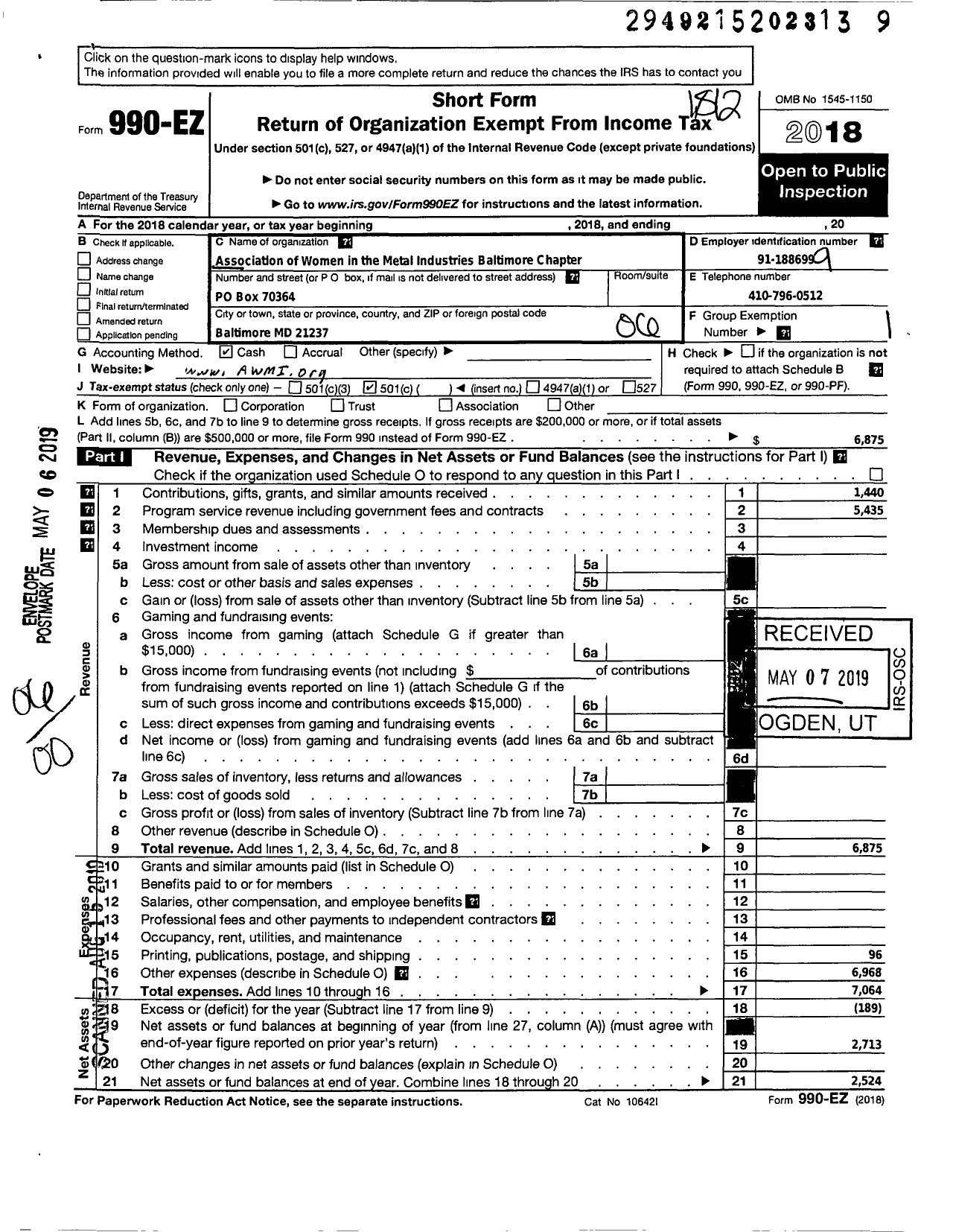 Image of first page of 2018 Form 990EO for Association of Women in the Metal Industries Baltimore Chapter