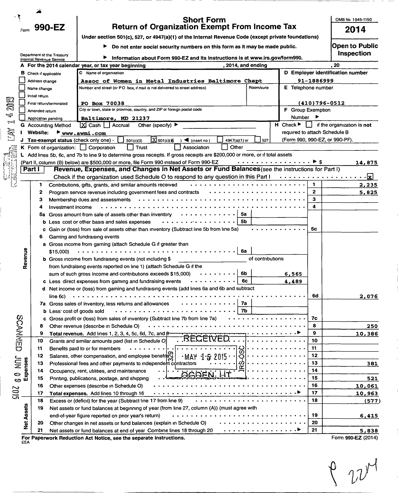 Image of first page of 2014 Form 990EO for Association of Women in the Metal Industries Baltimore Chapter