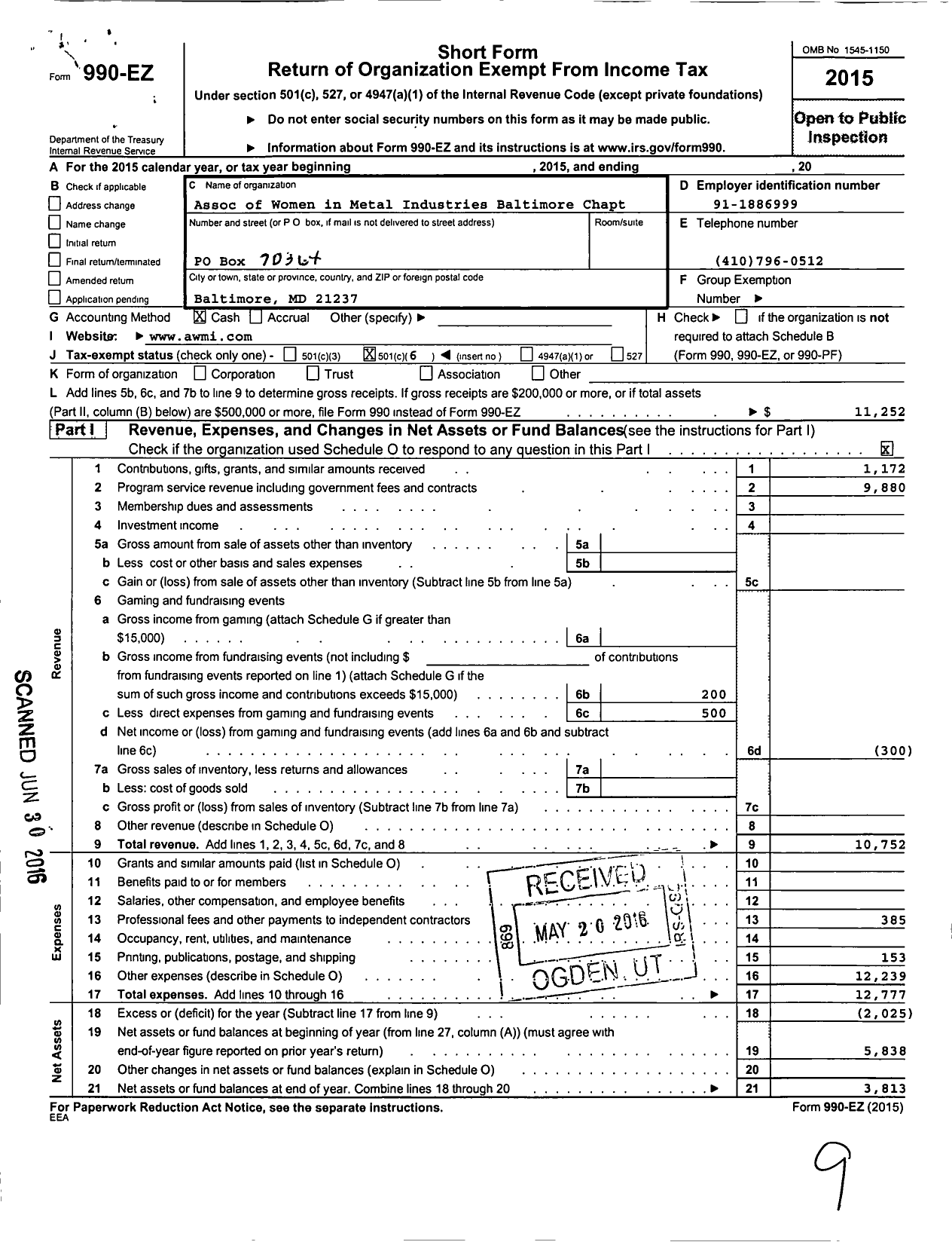 Image of first page of 2015 Form 990EO for Association of Women in the Metal Industries Baltimore Chapter