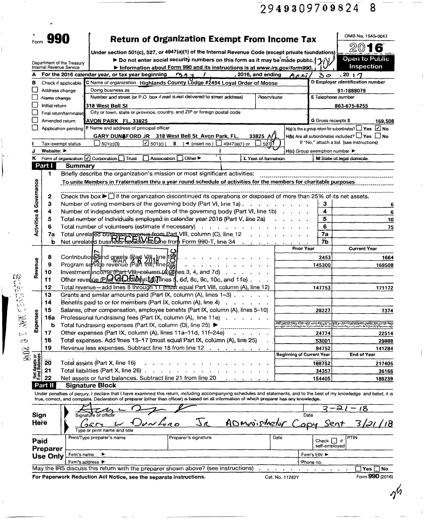 Image of first page of 2016 Form 990O for Loyal Order of Moose - 2494