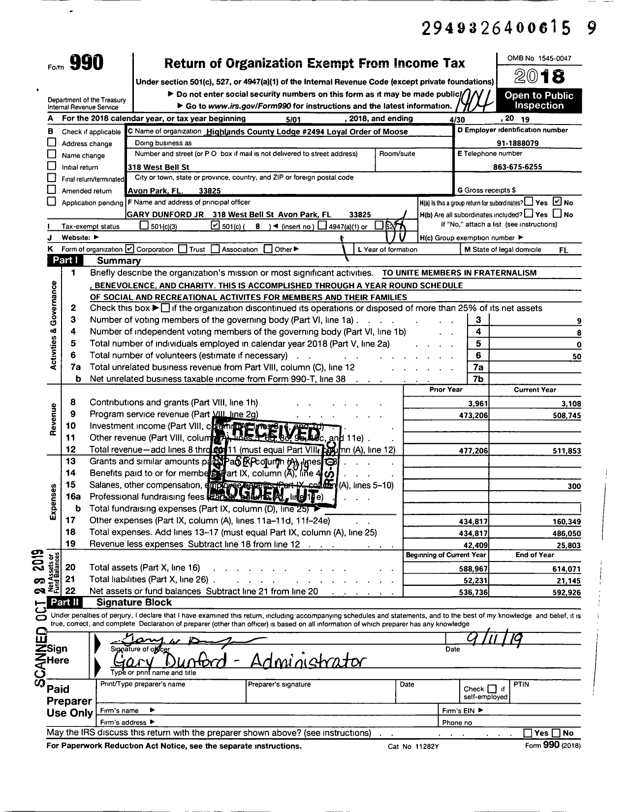 Image of first page of 2018 Form 990O for Loyal Order of Moose - 2494
