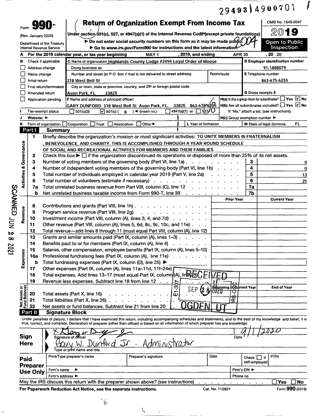 Image of first page of 2019 Form 990O for Loyal Order of Moose - 2494