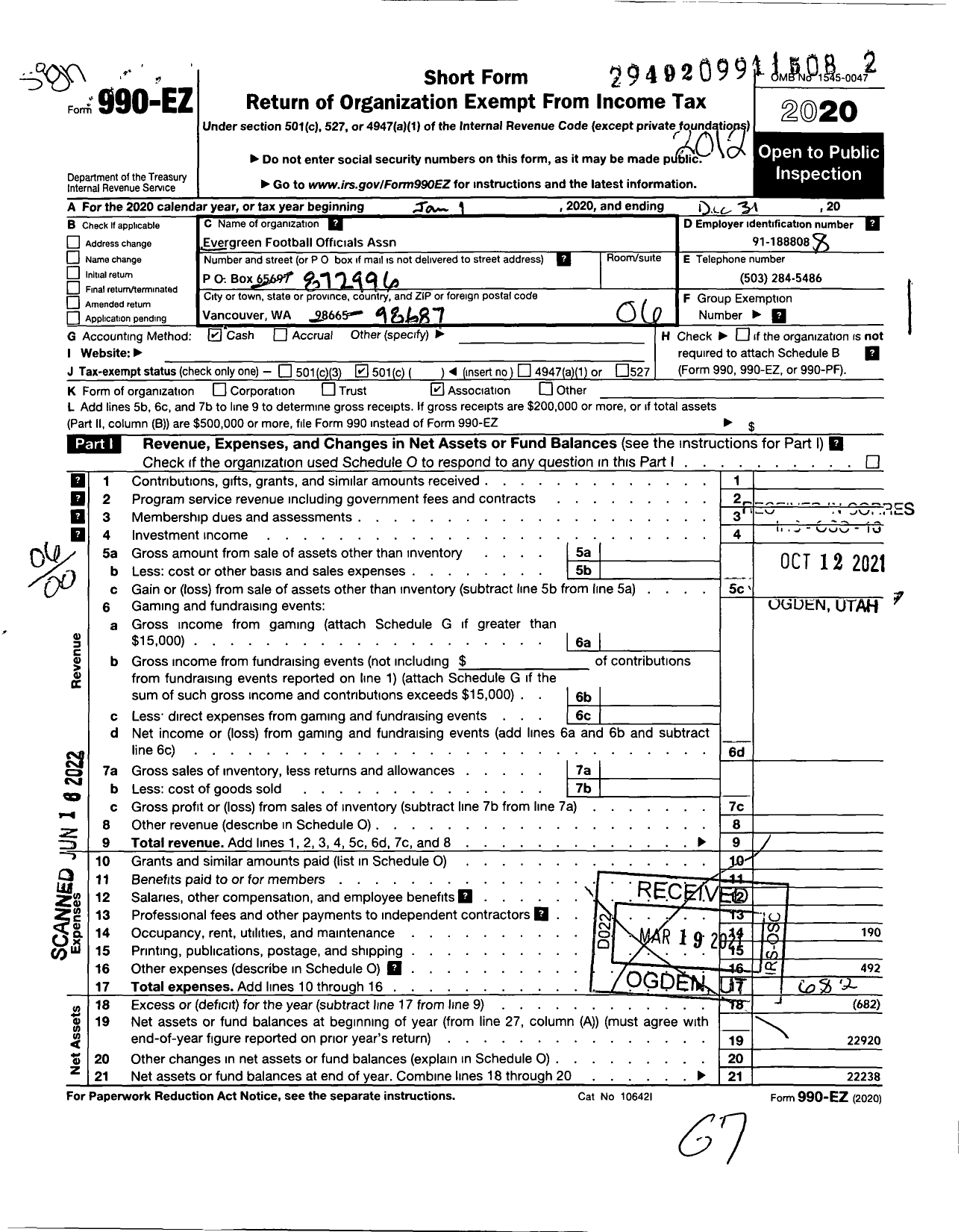 Image of first page of 2020 Form 990EO for Evergreen Football Officials