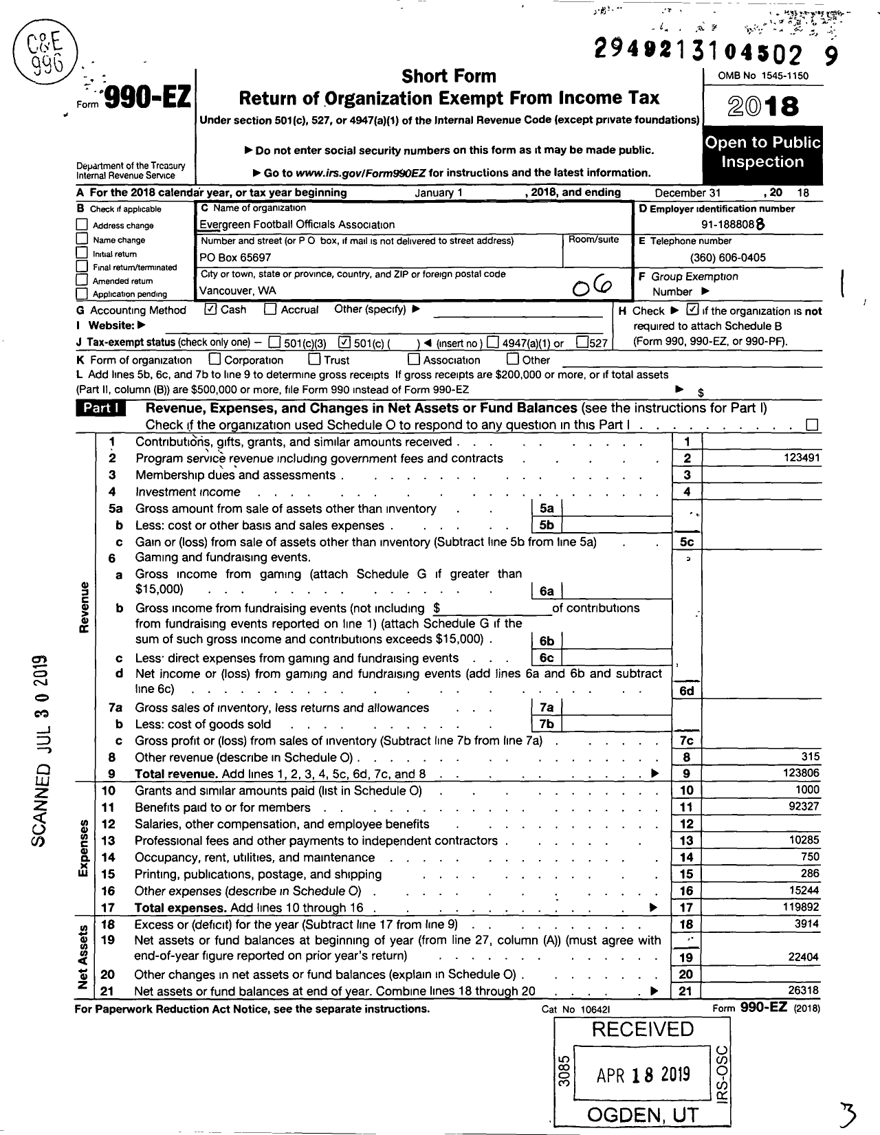 Image of first page of 2018 Form 990EO for Evergreen Football Officials