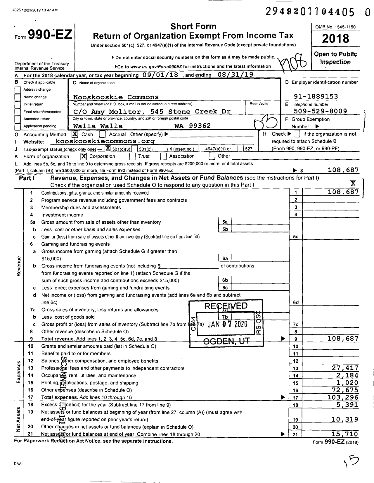 Image of first page of 2018 Form 990EZ for Kooskooskie Commons