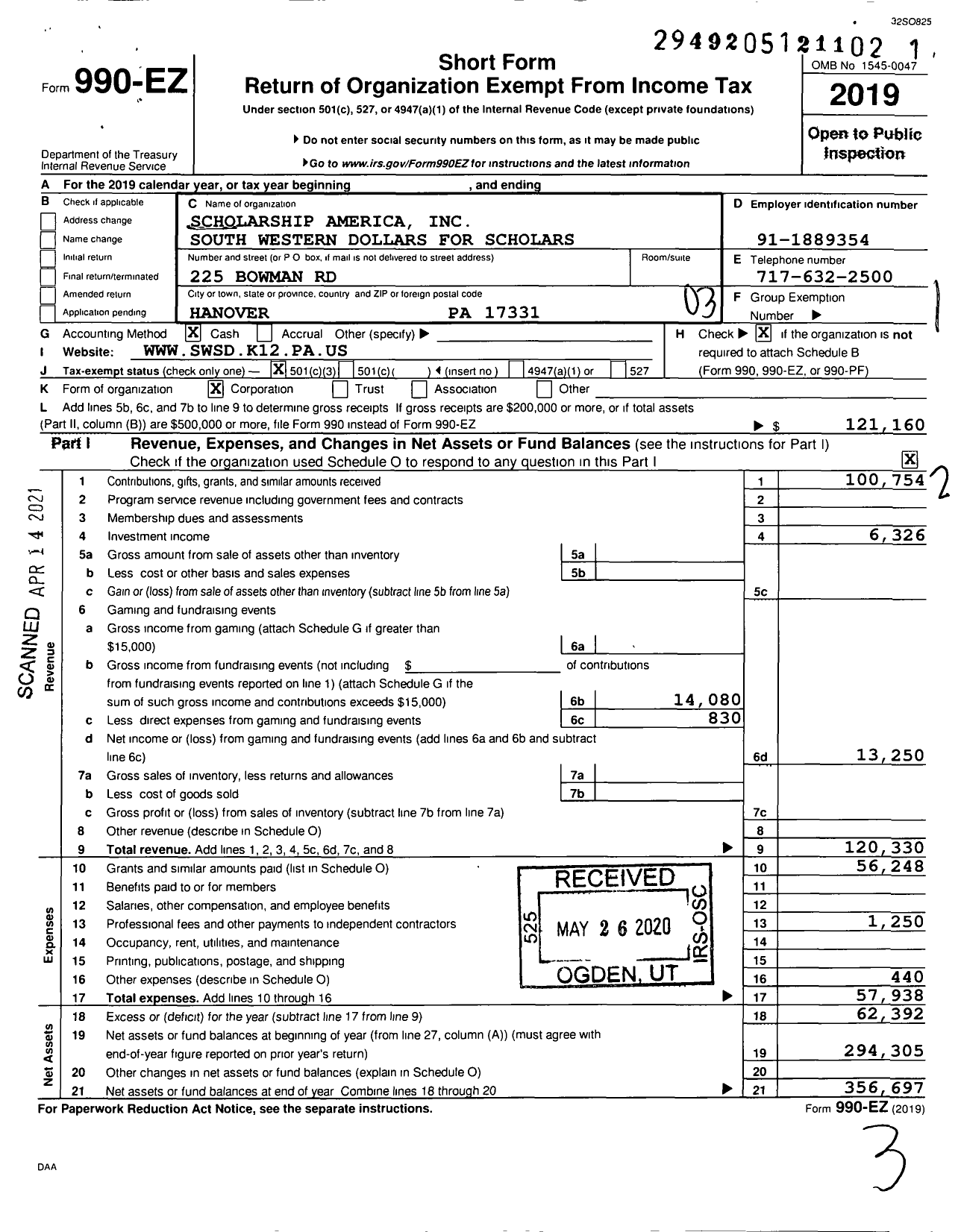 Image of first page of 2019 Form 990EZ for Scholarship America South Western Dollars for Scholars