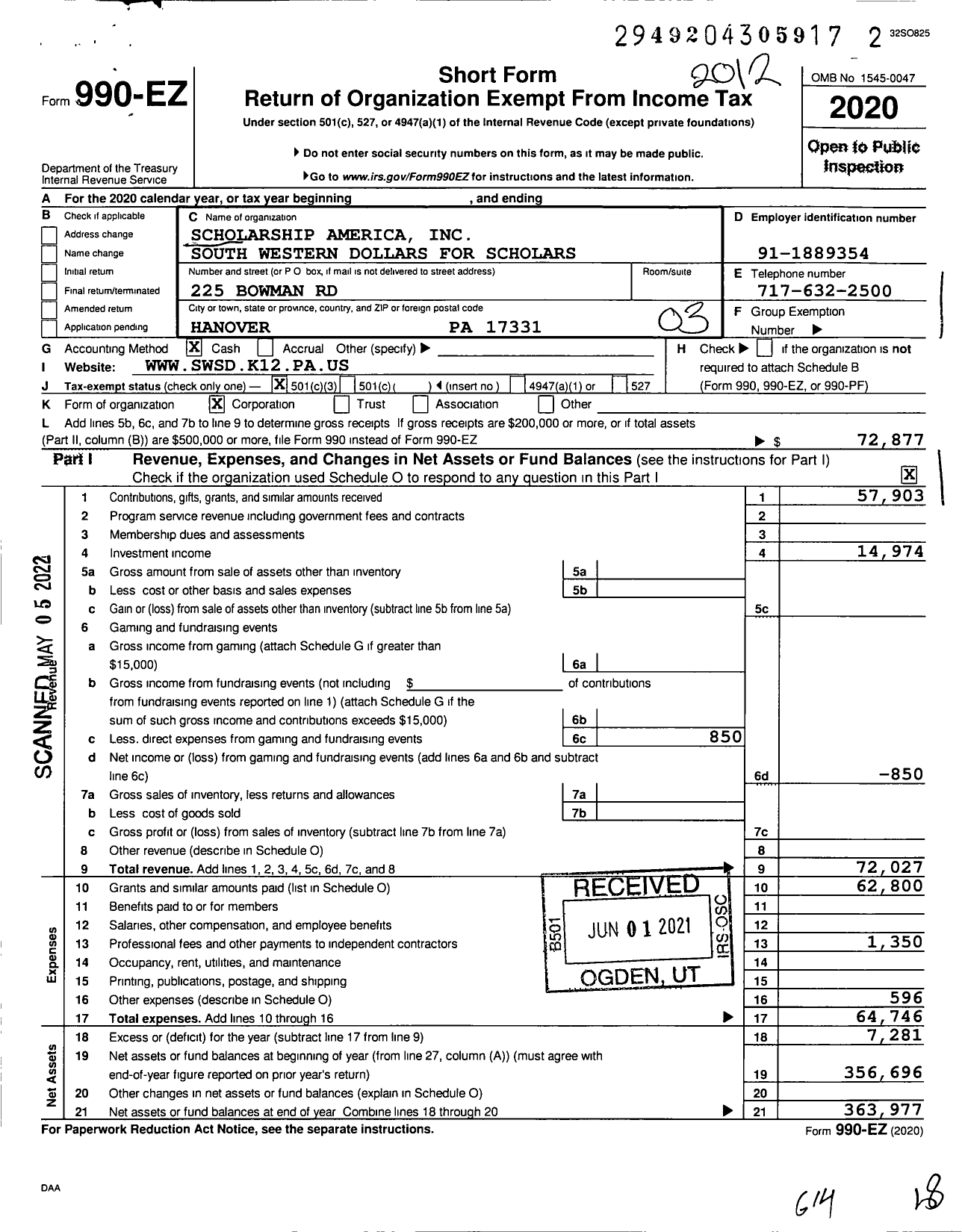 Image of first page of 2020 Form 990EZ for Scholarship America South Western Dollars for Scholars