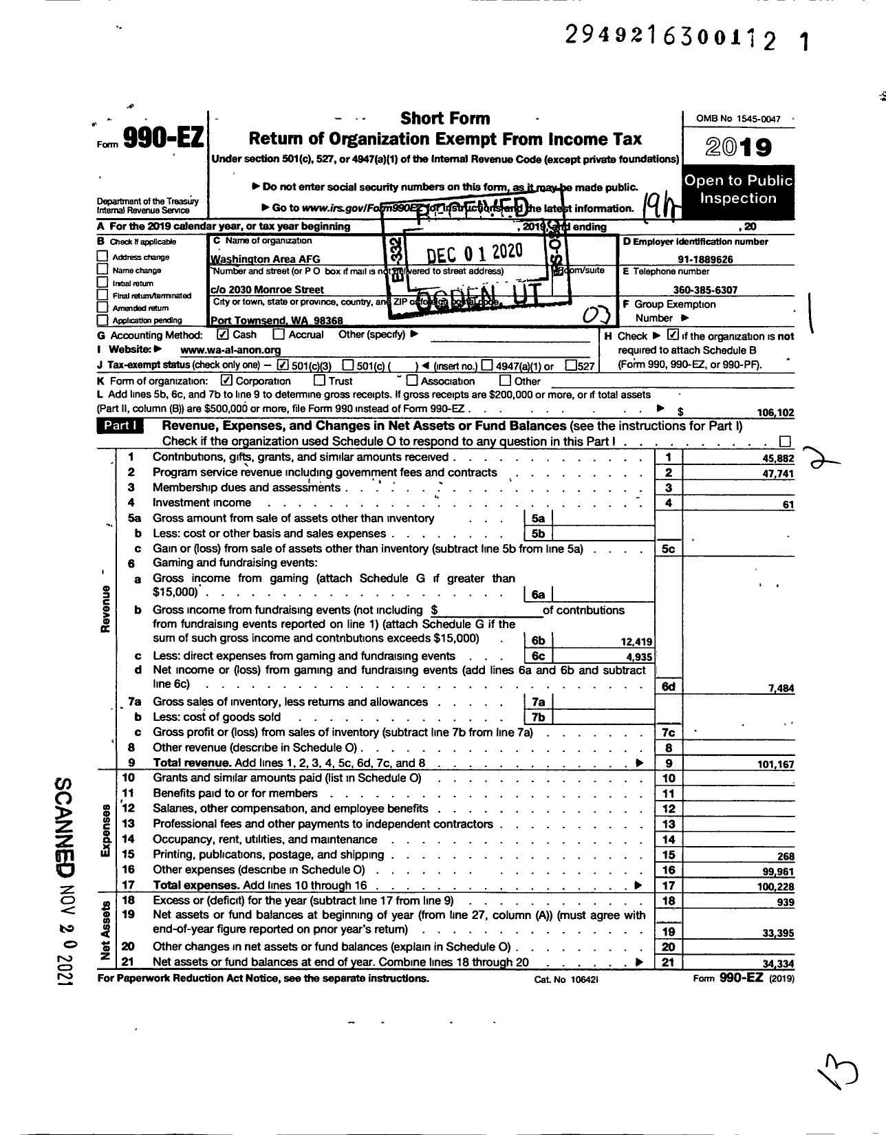 Image of first page of 2019 Form 990EZ for Washington Area Afg