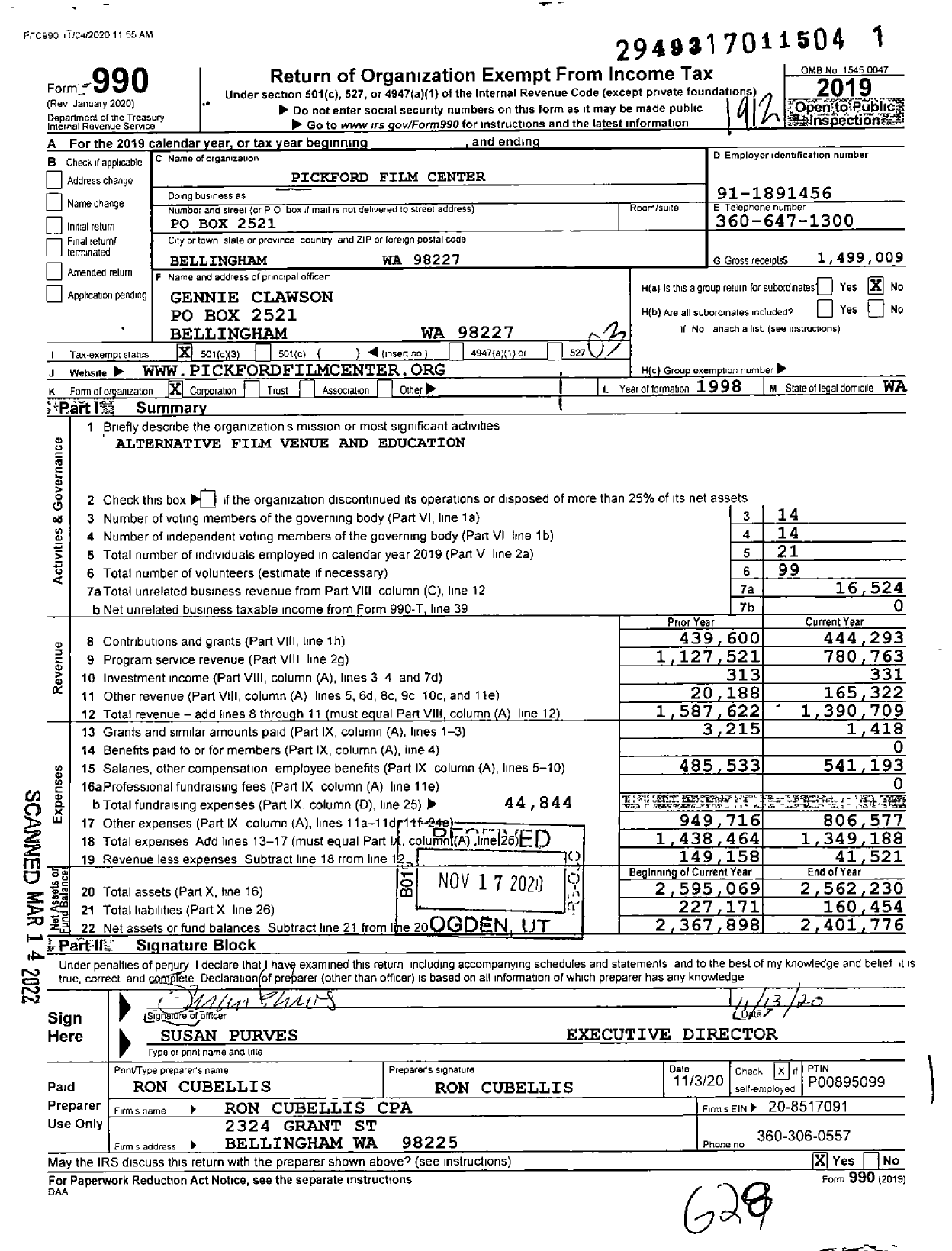 Image of first page of 2019 Form 990 for Pickford Film Center