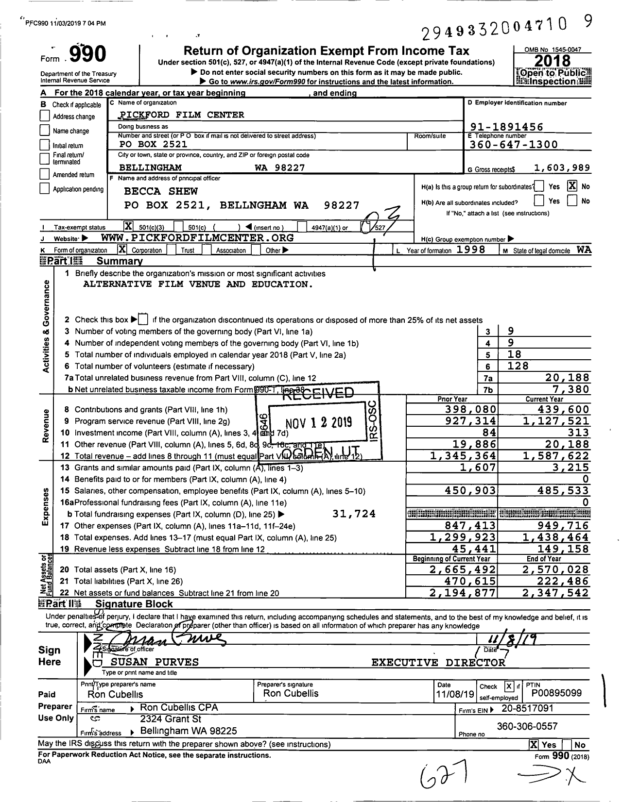 Image of first page of 2018 Form 990 for Pickford Film Center