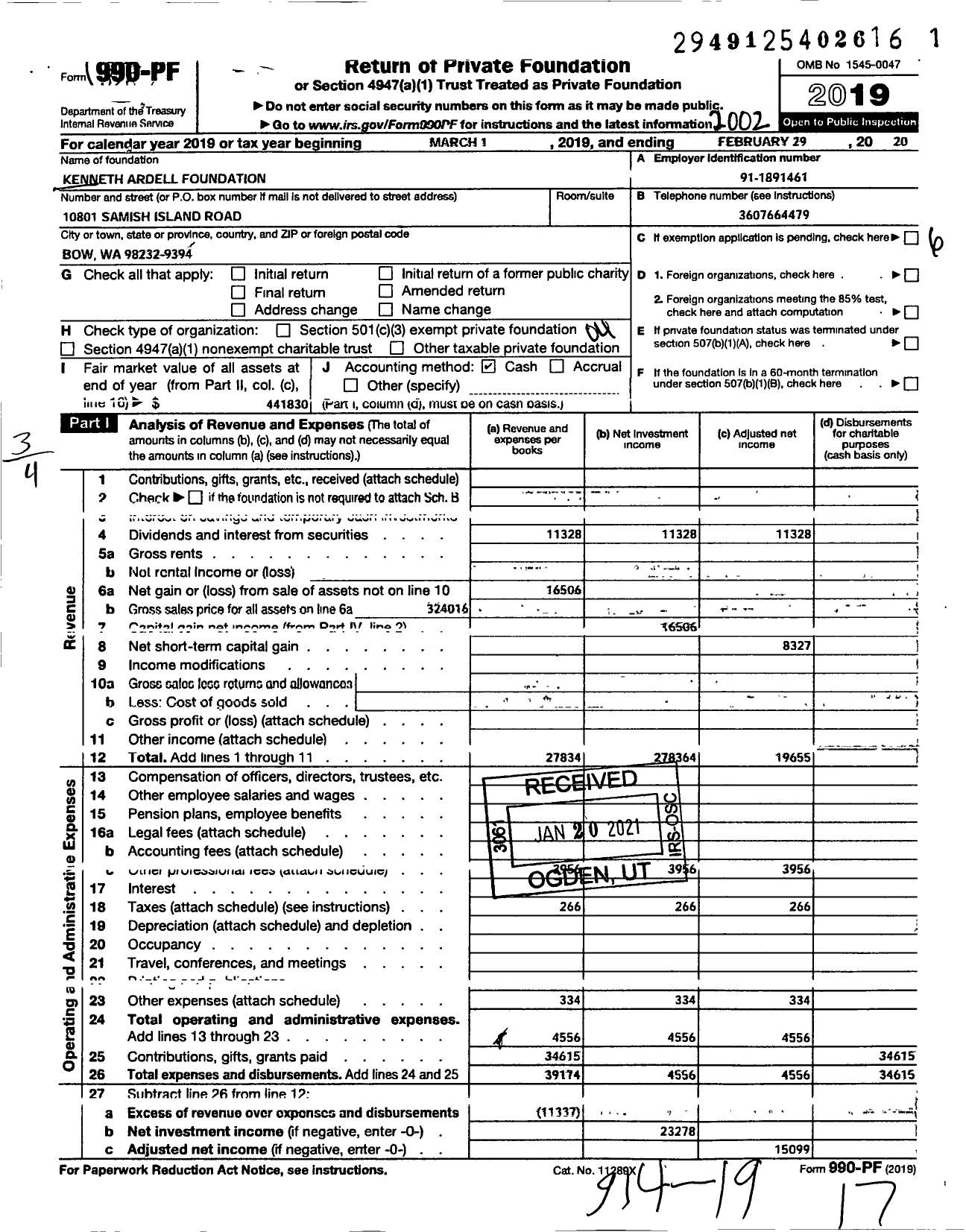 Image of first page of 2019 Form 990PF for Kenneth Ardell Foundation