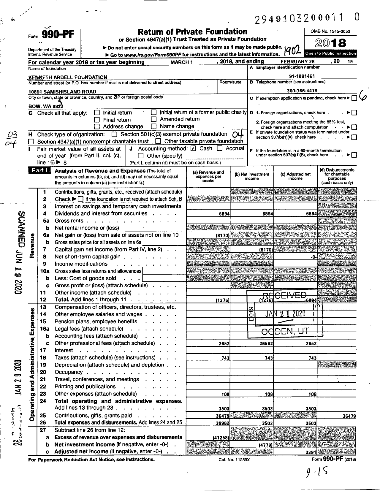 Image of first page of 2018 Form 990PR for Kenneth Ardell Foundation