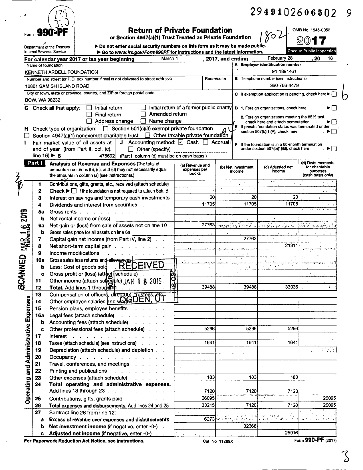 Image of first page of 2017 Form 990PF for Kenneth Ardell Foundation