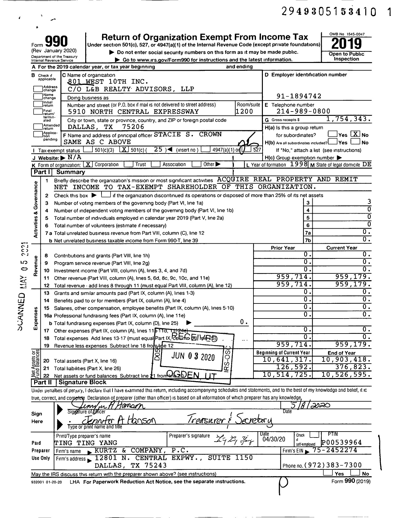 Image of first page of 2019 Form 990O for 801 West 10th