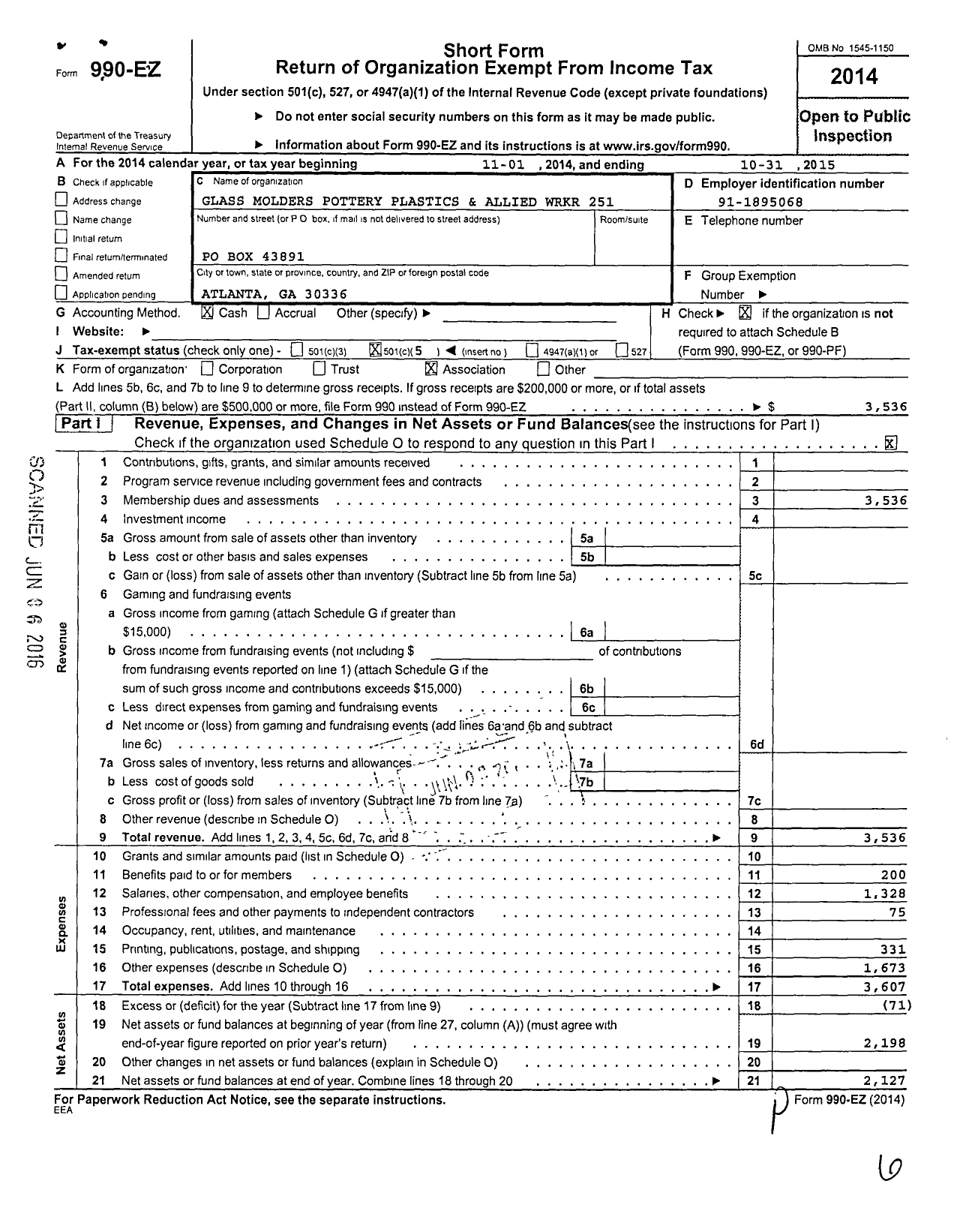 Image of first page of 2014 Form 990EO for United Steelworkers - 00251m Local