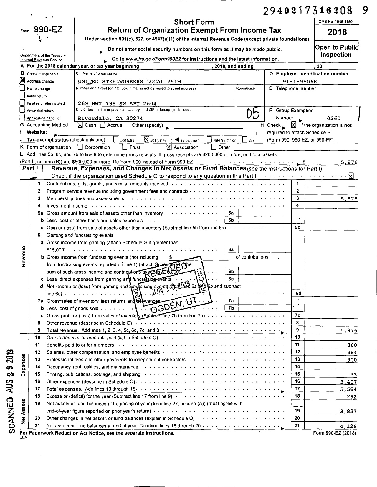 Image of first page of 2018 Form 990EO for United Steelworkers - 00251m Local