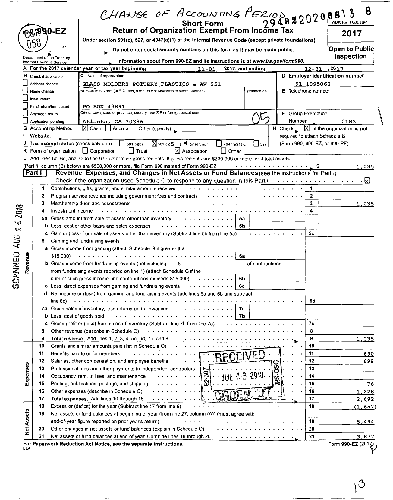 Image of first page of 2017 Form 990EO for United Steelworkers - 00251m Local