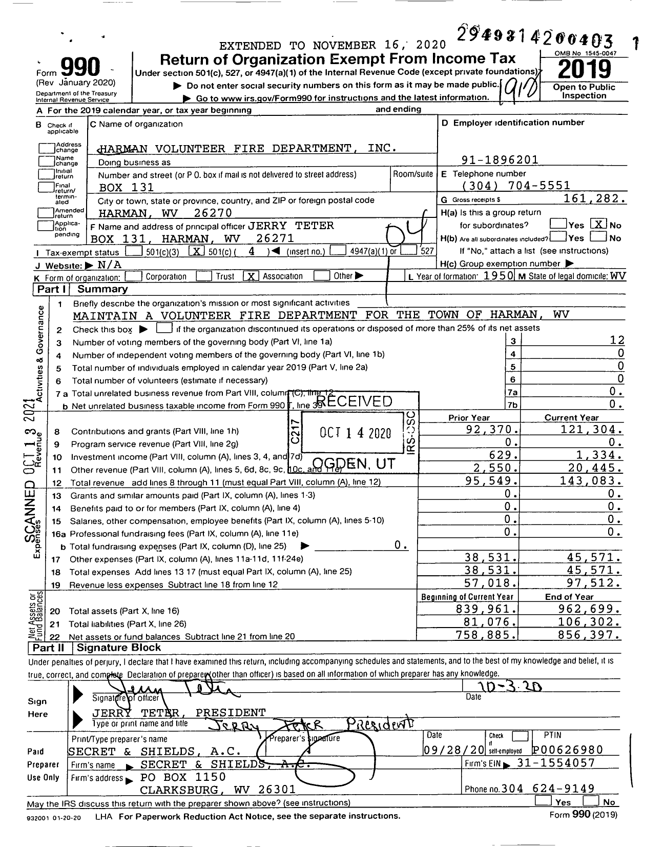 Image of first page of 2019 Form 990O for Harman Volunteer Fire Department