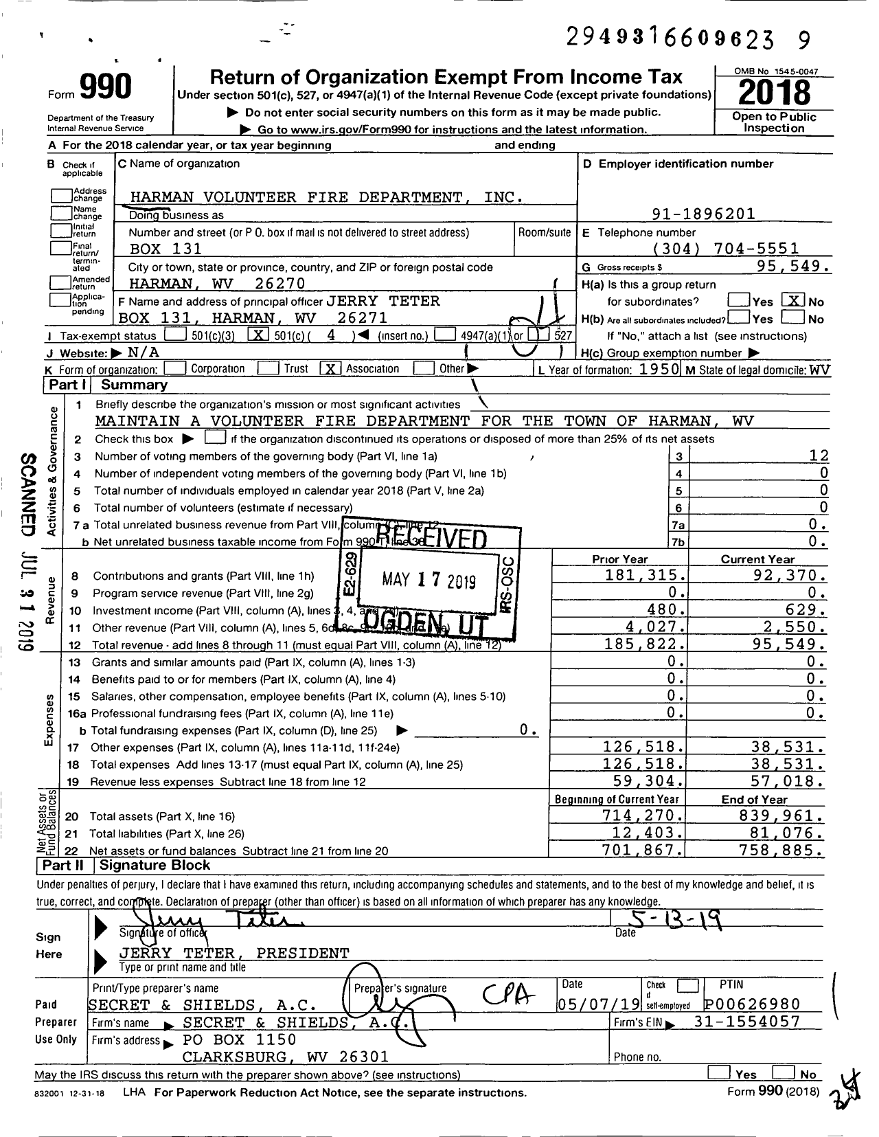 Image of first page of 2018 Form 990O for Harman Volunteer Fire Department