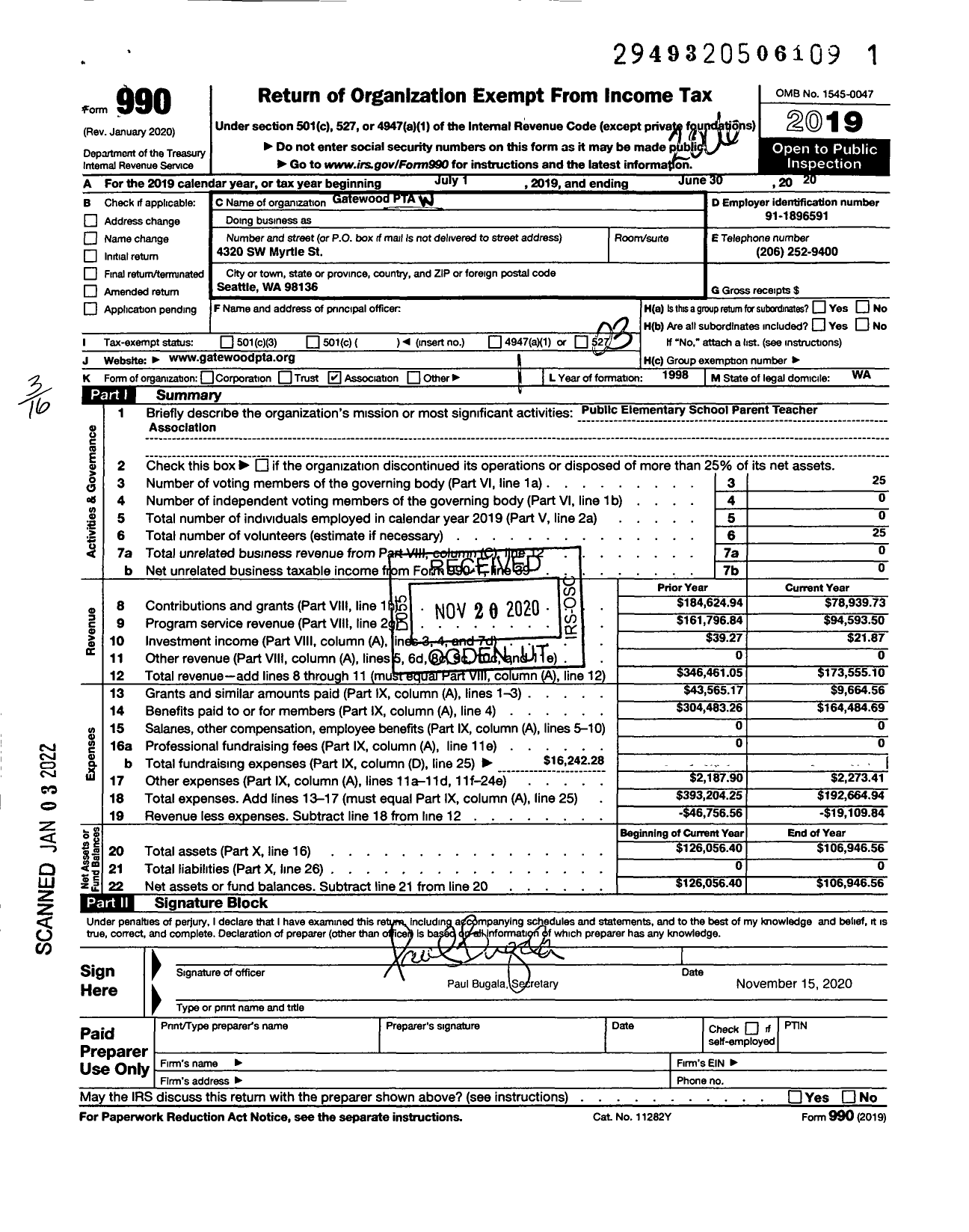 Image of first page of 2019 Form 990 for Gatewood PTA