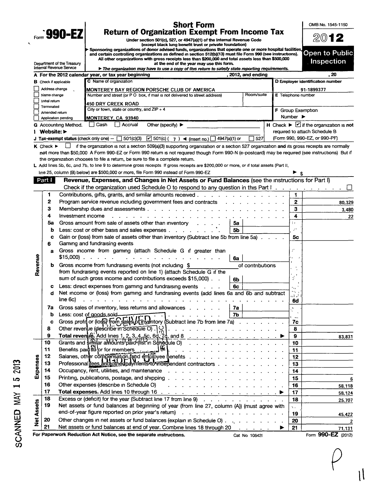 Image of first page of 2012 Form 990EO for Monterey Bay Region - Porsche Club of America