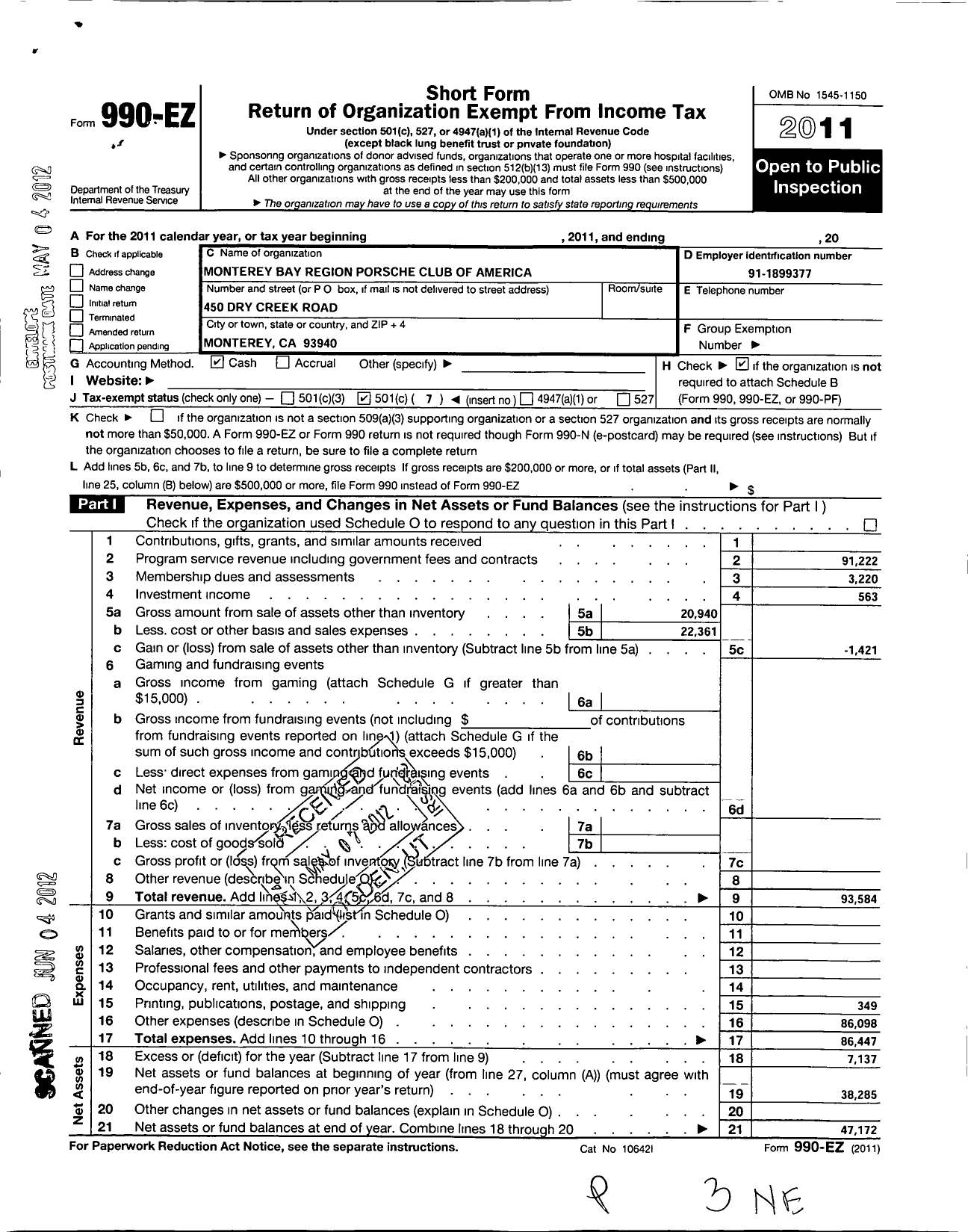 Image of first page of 2011 Form 990EO for Monterey Bay Region - Porsche Club of America