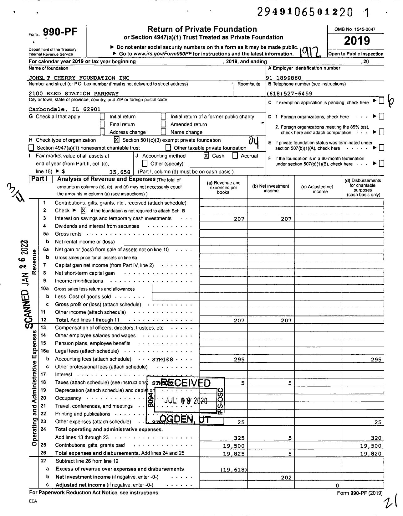 Image of first page of 2019 Form 990PF for John T Cherry Foundation