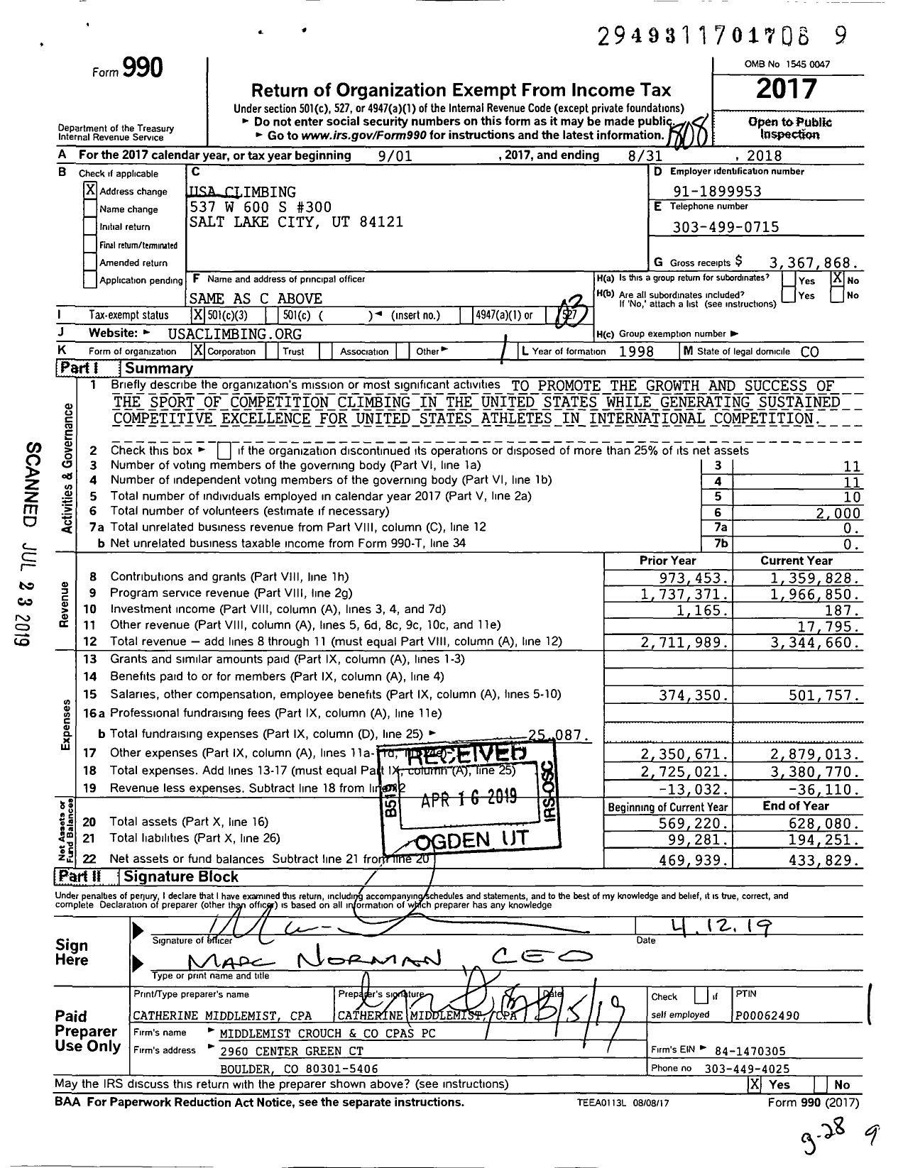 Image of first page of 2017 Form 990 for USA Climbing