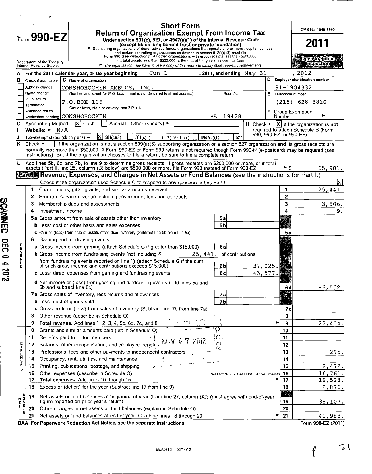 Image of first page of 2011 Form 990EZ for National Ambucs Conshohocken Chapter