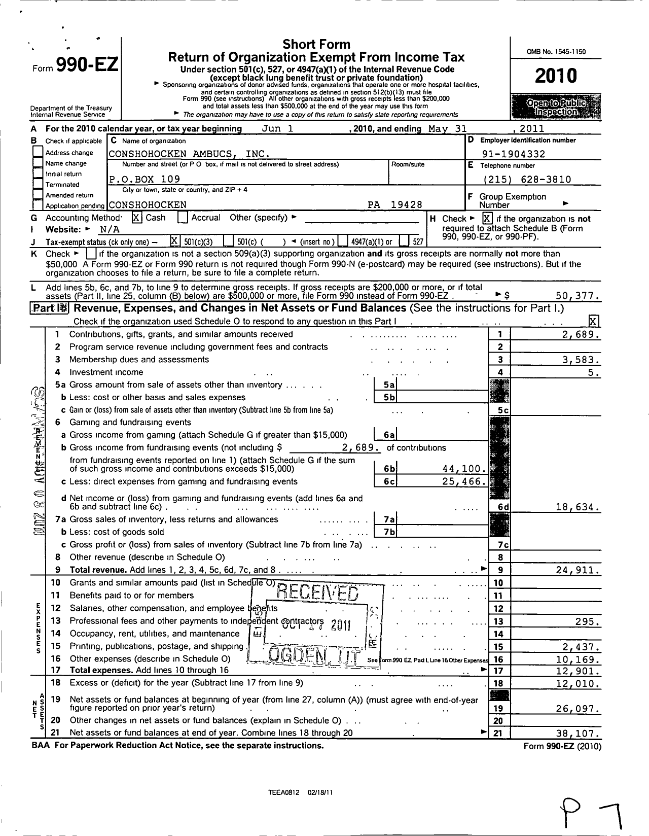 Image of first page of 2010 Form 990EZ for National Ambucs Conshohocken Chapter
