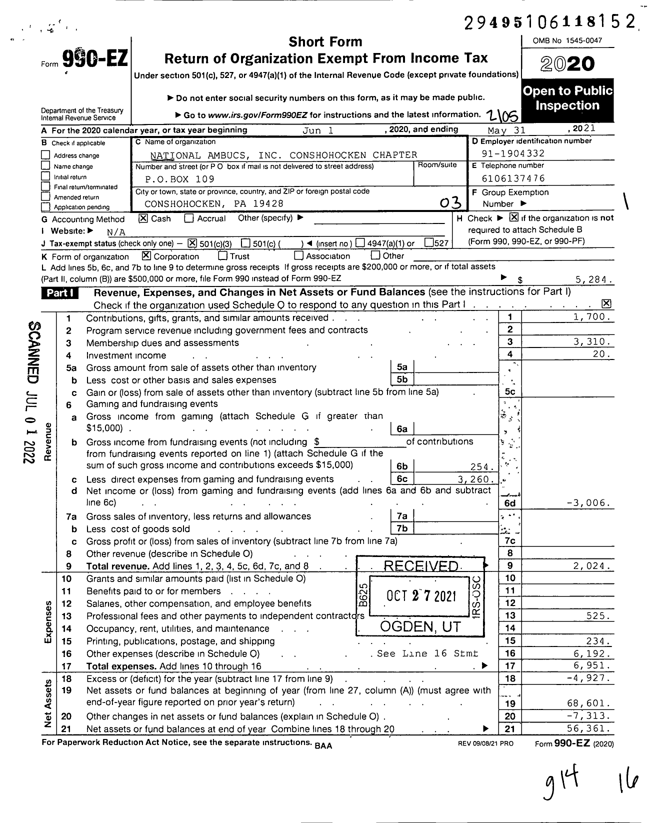Image of first page of 2020 Form 990EZ for National Ambucs Conshohocken Chapter