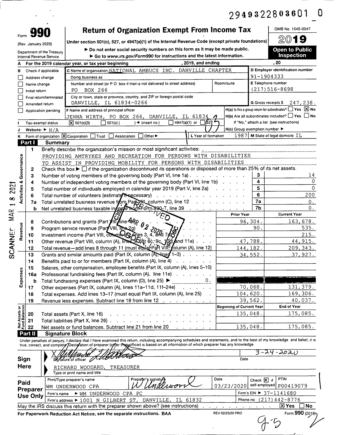 Image of first page of 2019 Form 990 for Danville Chapter of National Ambucs