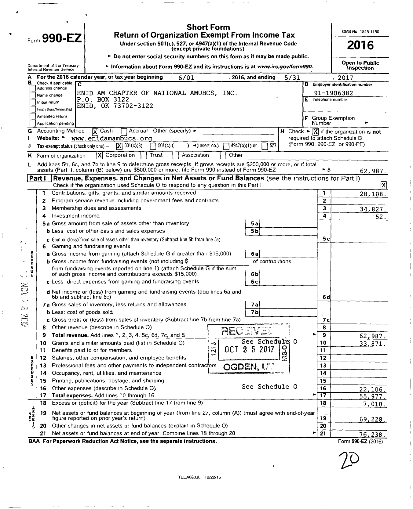 Image of first page of 2016 Form 990EZ for Enid Am Chapter of National Amubcs