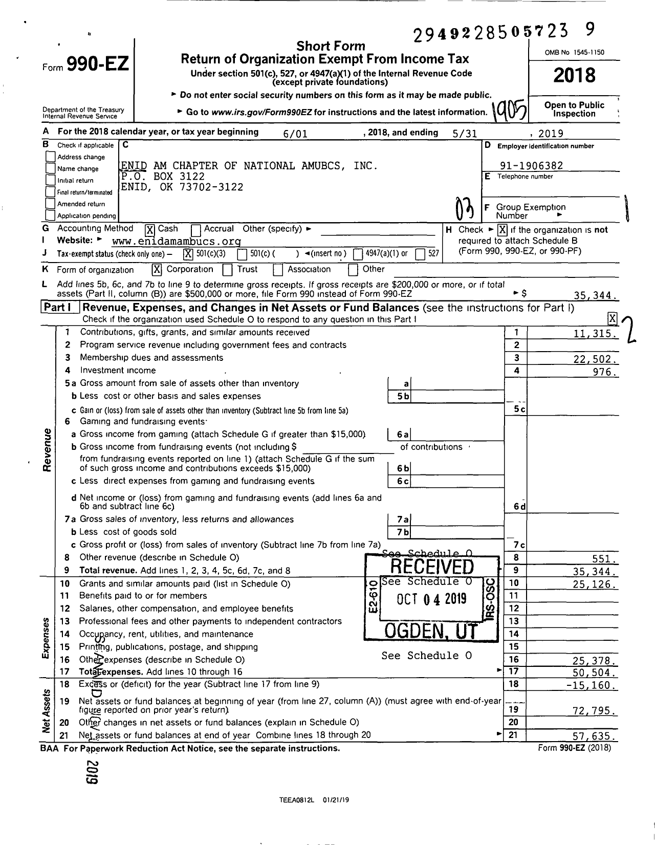 Image of first page of 2018 Form 990EZ for Enid Am Chapter of National Amubcs