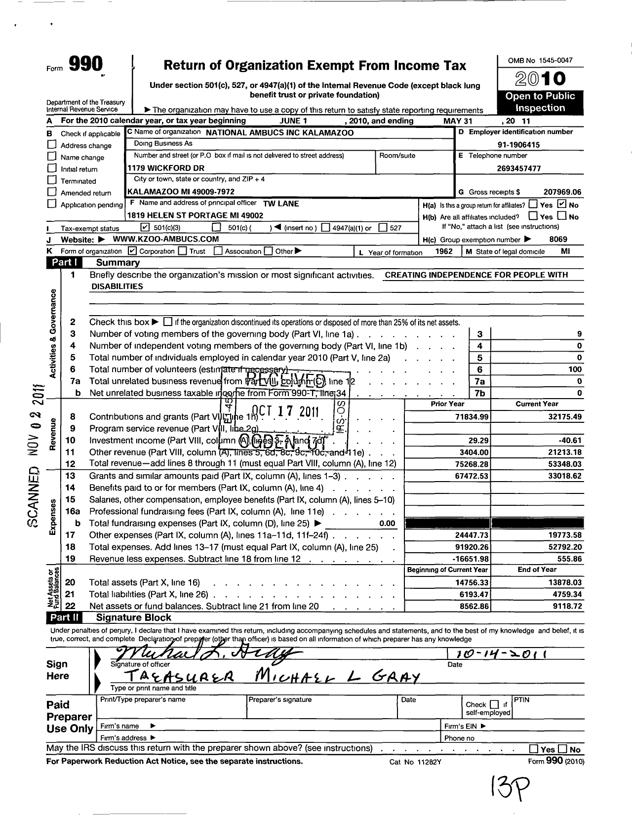 Image of first page of 2010 Form 990 for National Ambucs / Kalamazoo Chapter