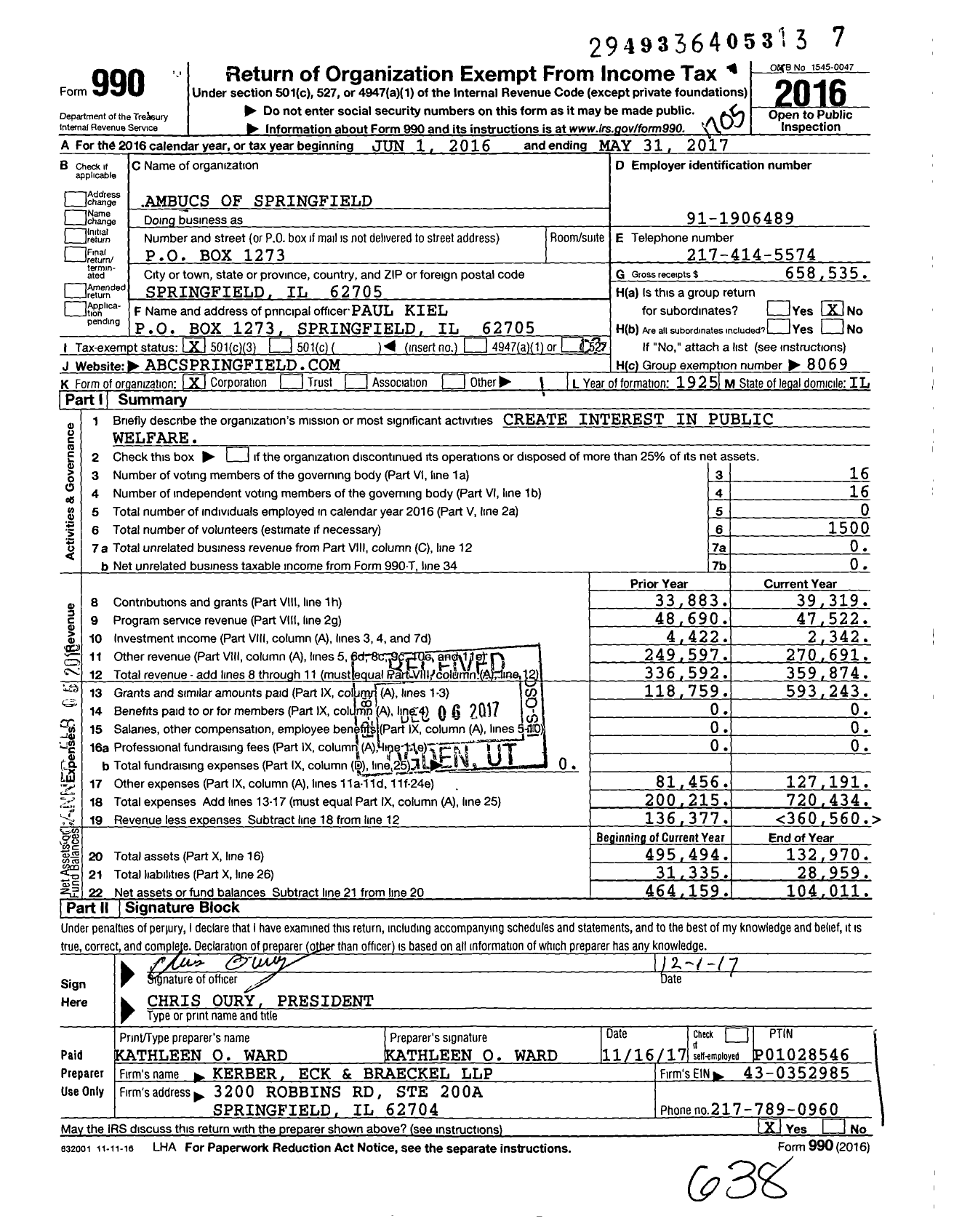 Image of first page of 2016 Form 990 for Ambucs of Springfield