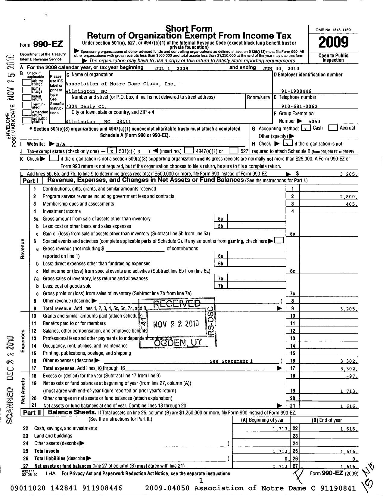 Image of first page of 2009 Form 990EZ for Association of Notre Dame Clubs Inc - Wilmington NC