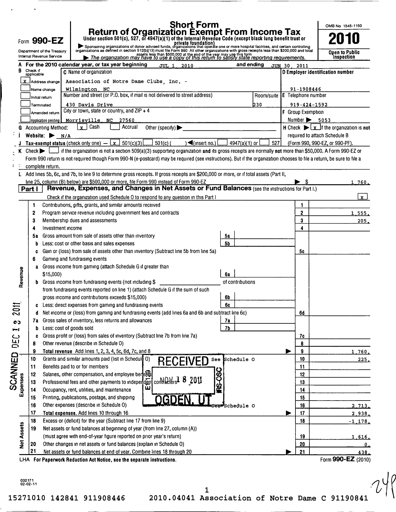 Image of first page of 2010 Form 990EZ for Association of Notre Dame Clubs Inc - Wilmington NC