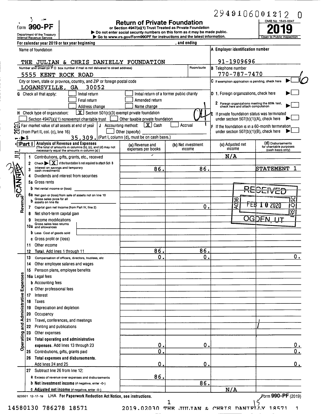 Image of first page of 2019 Form 990PR for The Julian and Chris Danielly Foundation