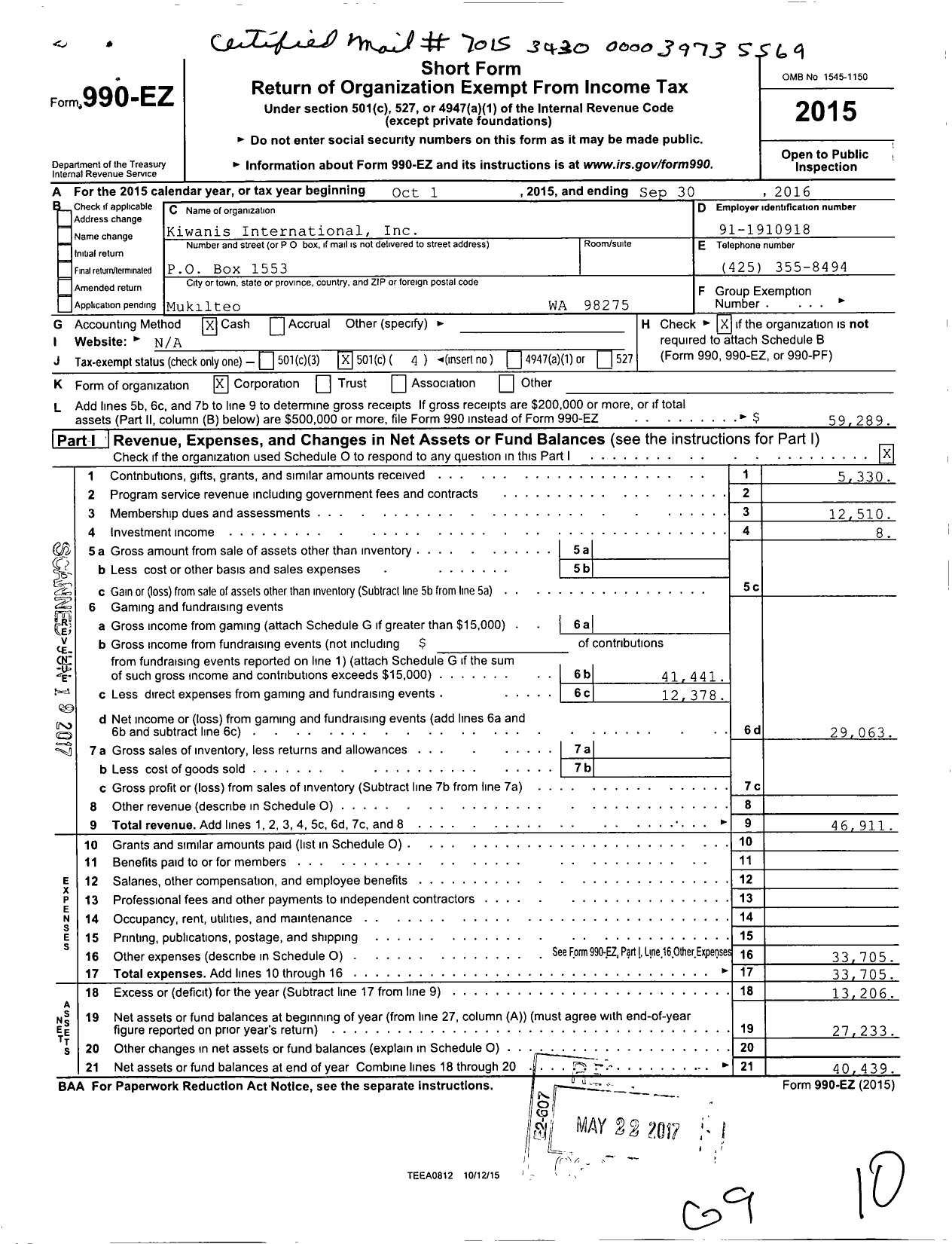 Image of first page of 2015 Form 990EO for Kiwanis International - K15338 Mukilteo