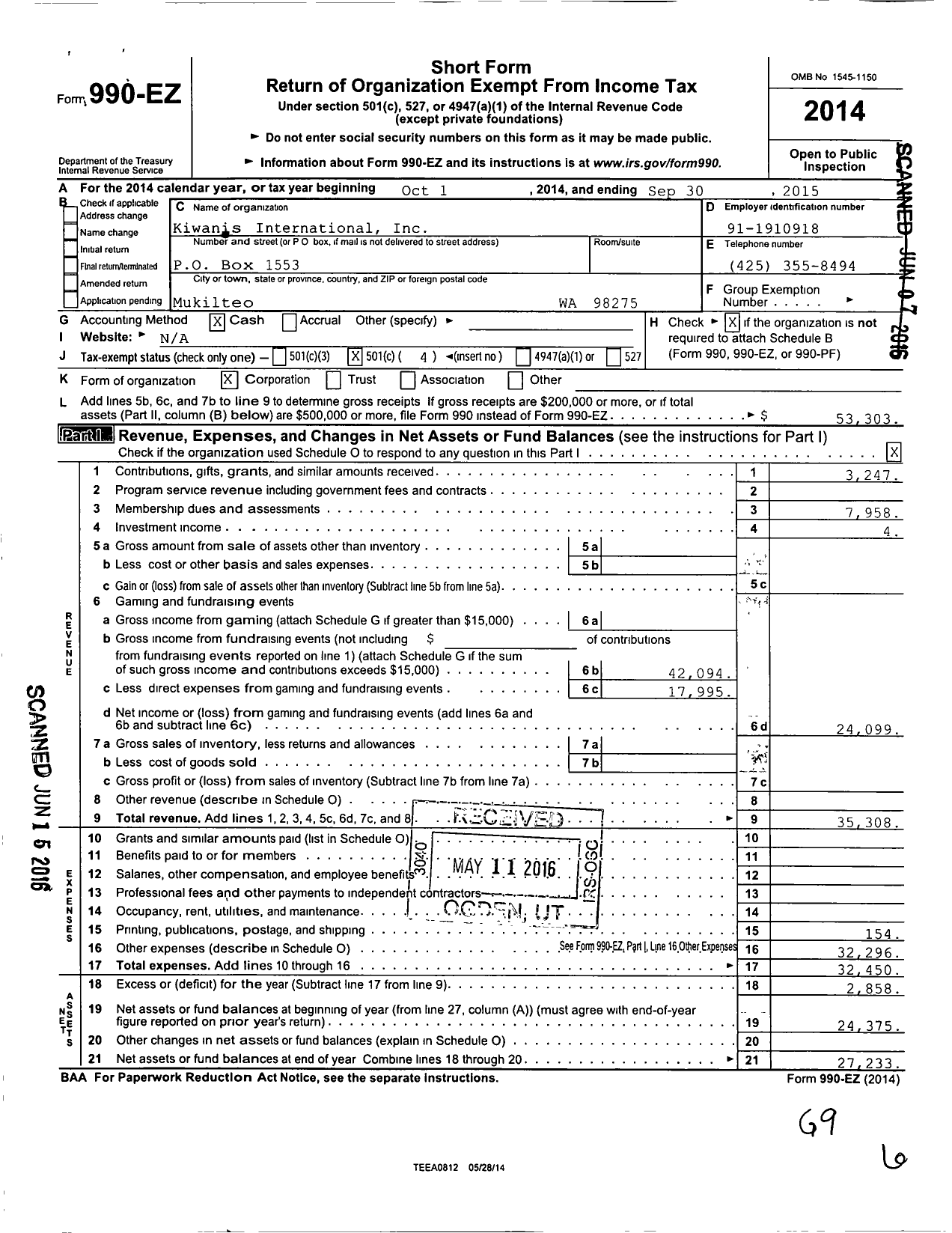 Image of first page of 2014 Form 990EO for Kiwanis International - K15338 Mukilteo