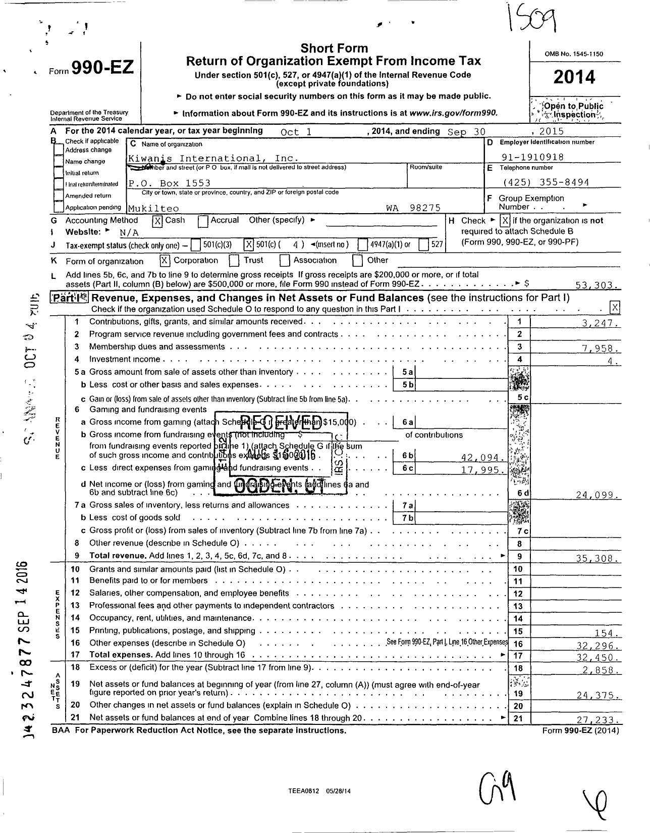 Image of first page of 2014 Form 990EO for Kiwanis International - K15338 Mukilteo