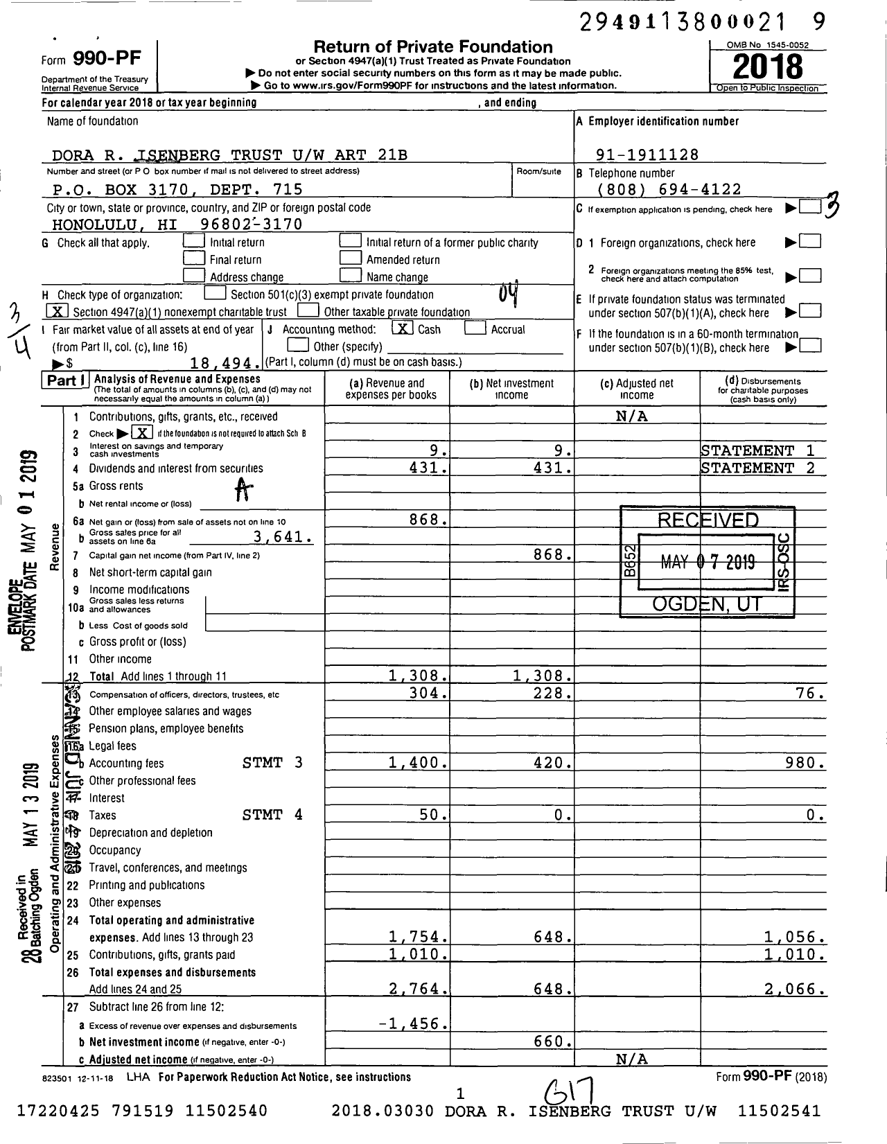 Image of first page of 2018 Form 990PF for Dora R Isenberg Trust Uw Art 21b