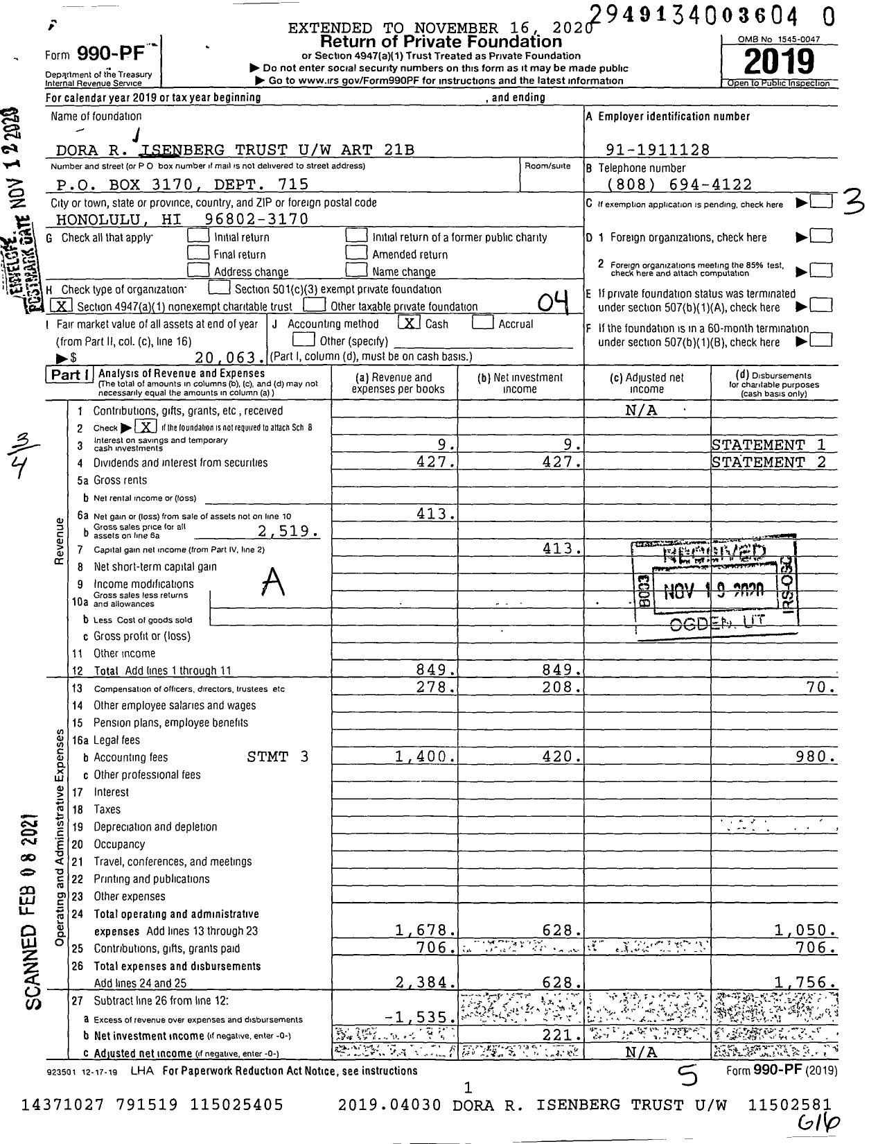 Image of first page of 2019 Form 990PF for Dora R Isenberg Trust Uw Art 21b