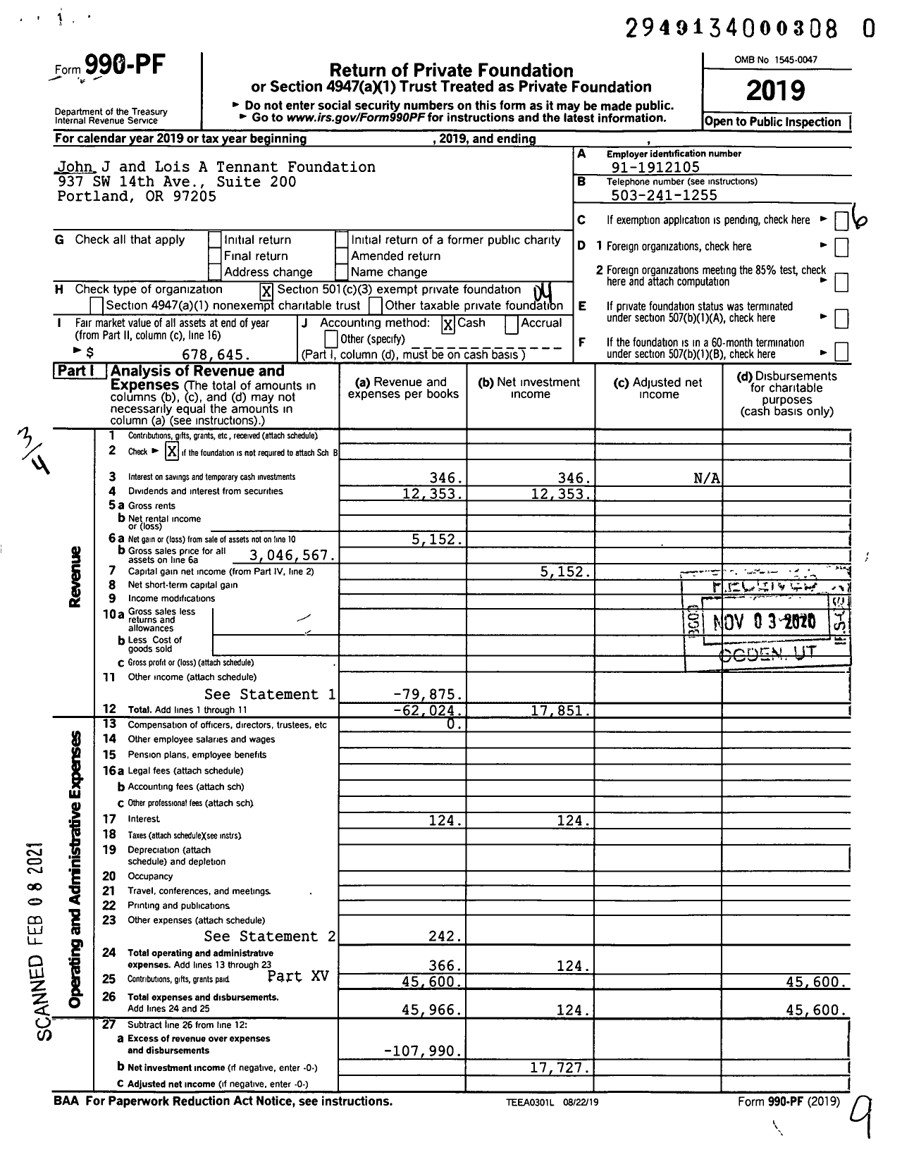 Image of first page of 2019 Form 990PF for John J and Lois A Tennant Foundation