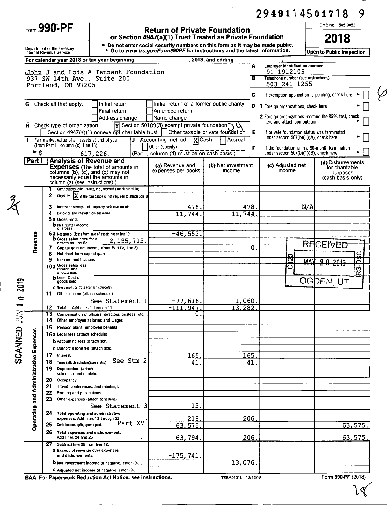 Image of first page of 2018 Form 990PF for John J and Lois A Tennant Foundation