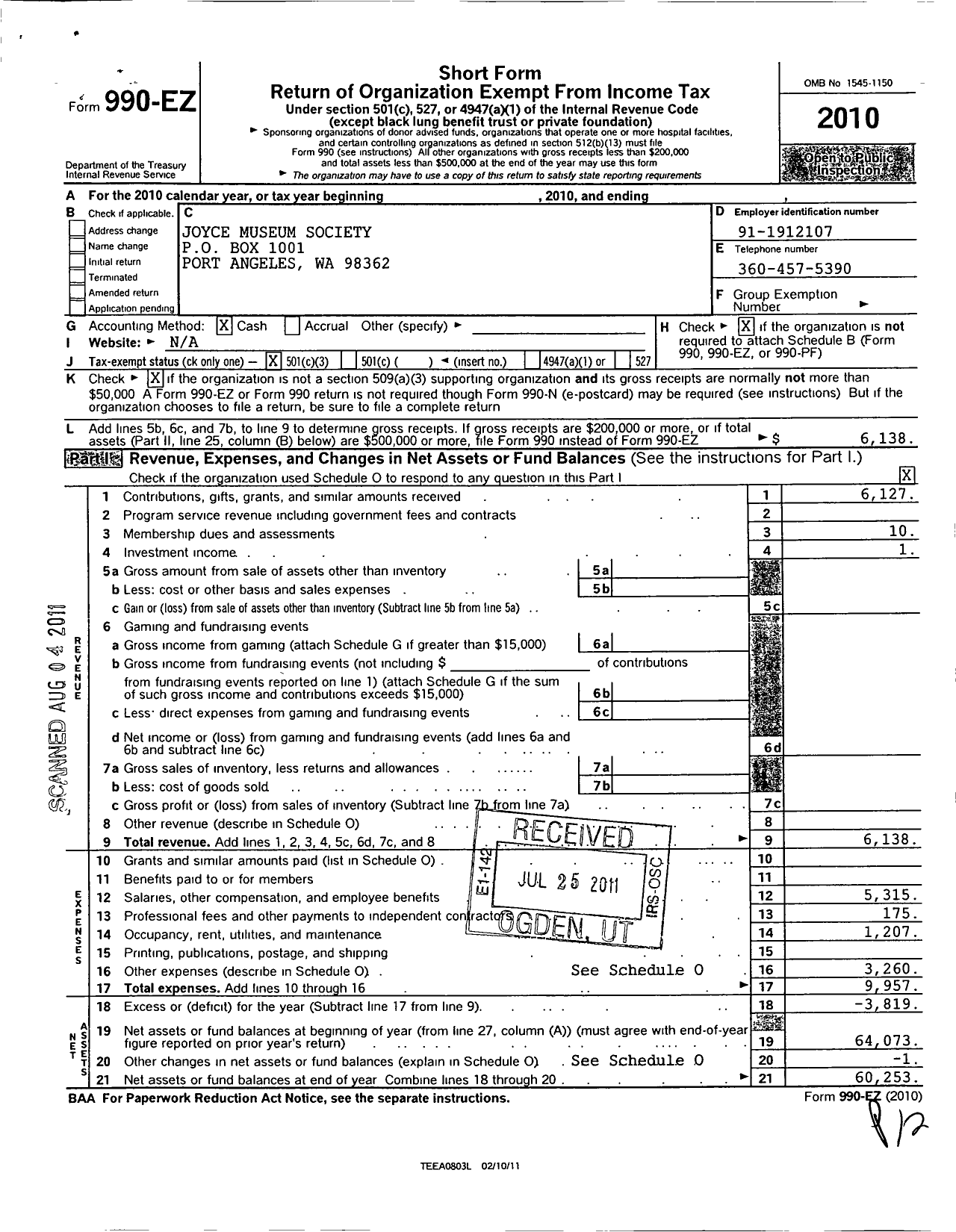 Image of first page of 2010 Form 990EZ for Joyce Museum Society