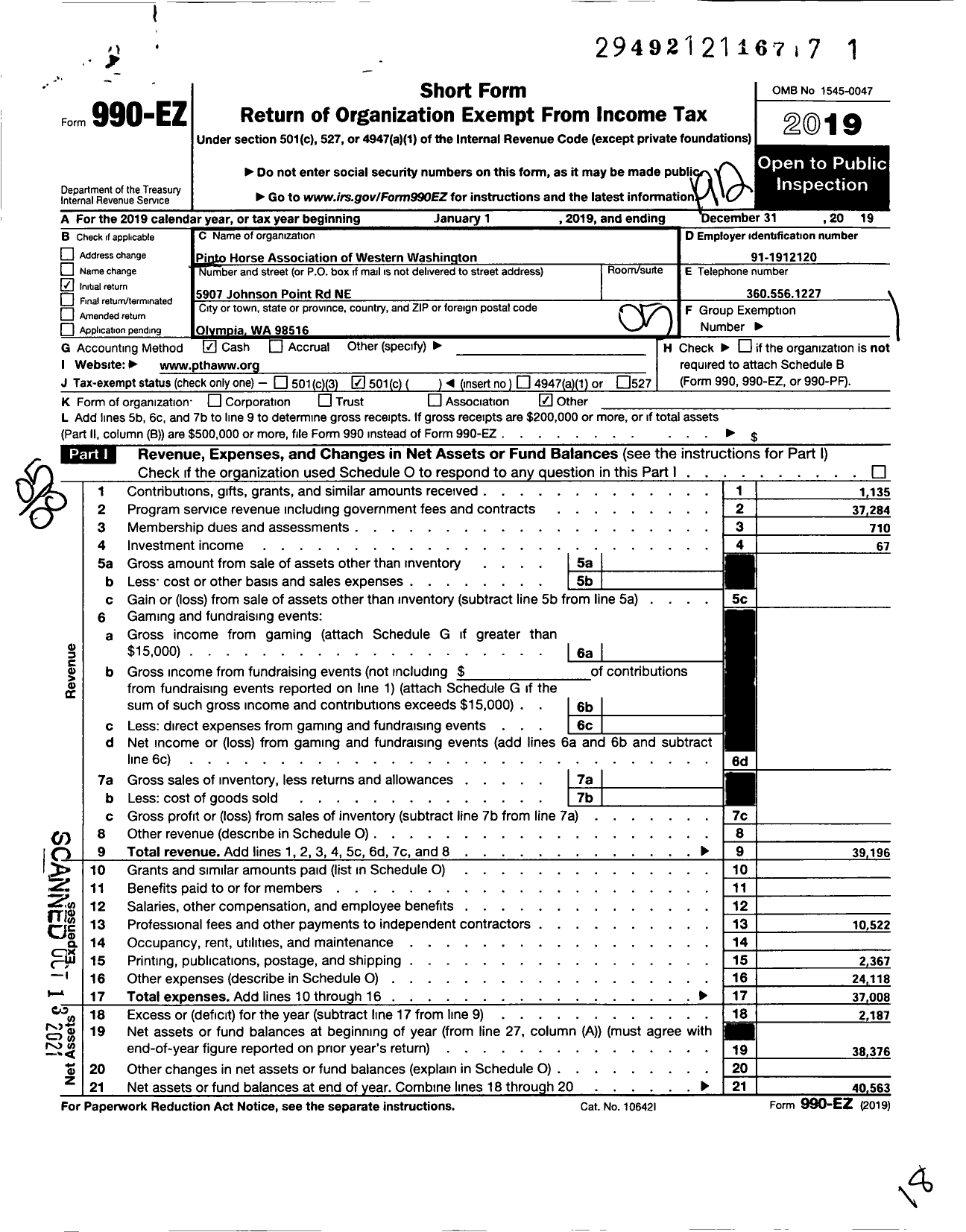 Image of first page of 2019 Form 990EO for Pinto Horse Association of Western Washington