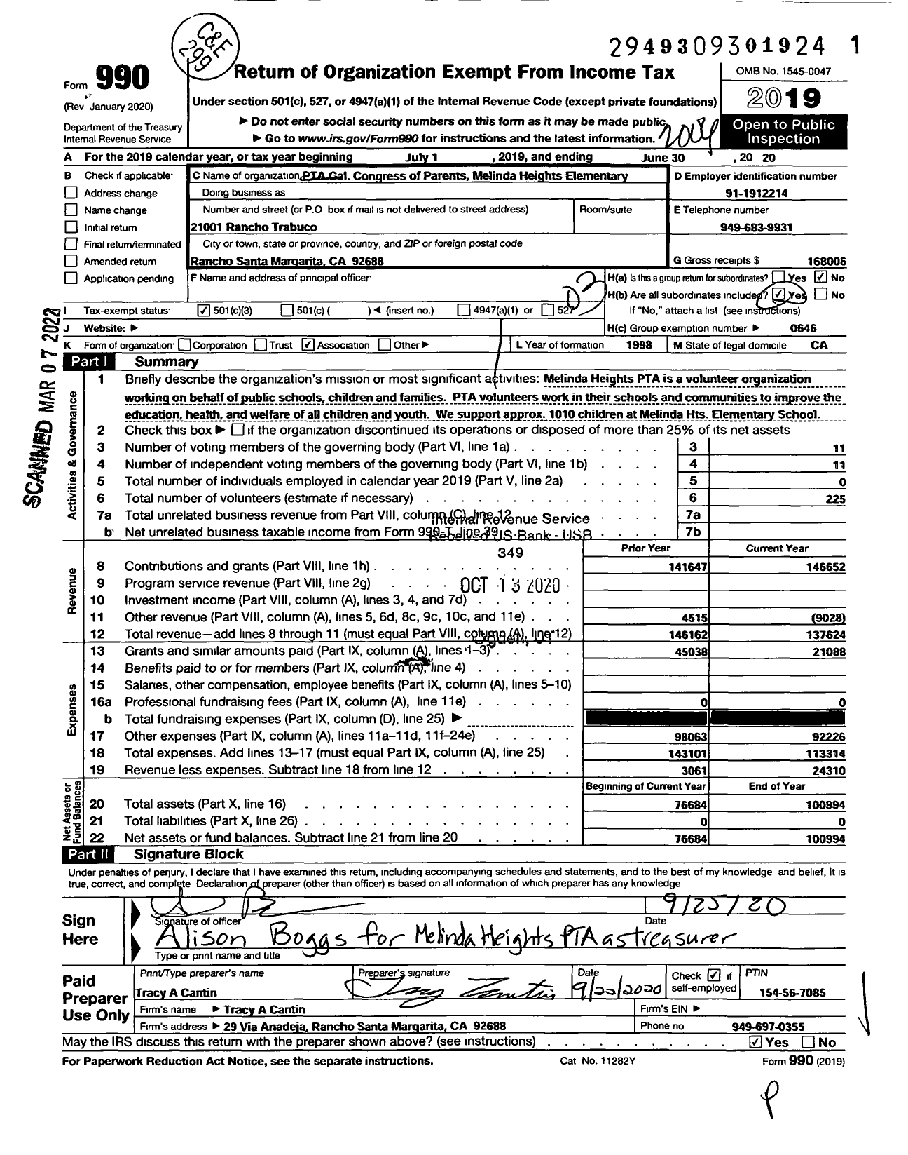 Image of first page of 2019 Form 990 for California State PTA - Melinda Heights Elem School PTA