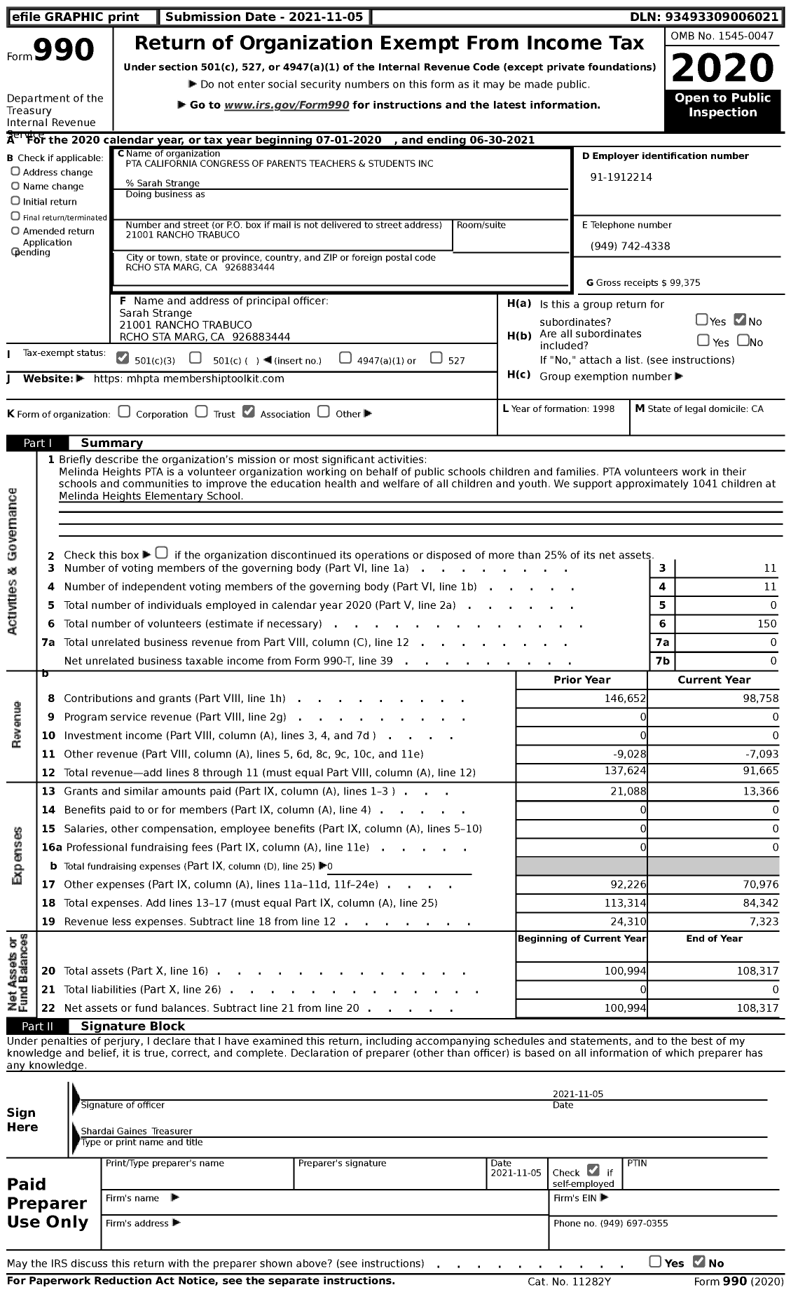 Image of first page of 2020 Form 990 for California State PTA - Melinda Heights Elem School PTA